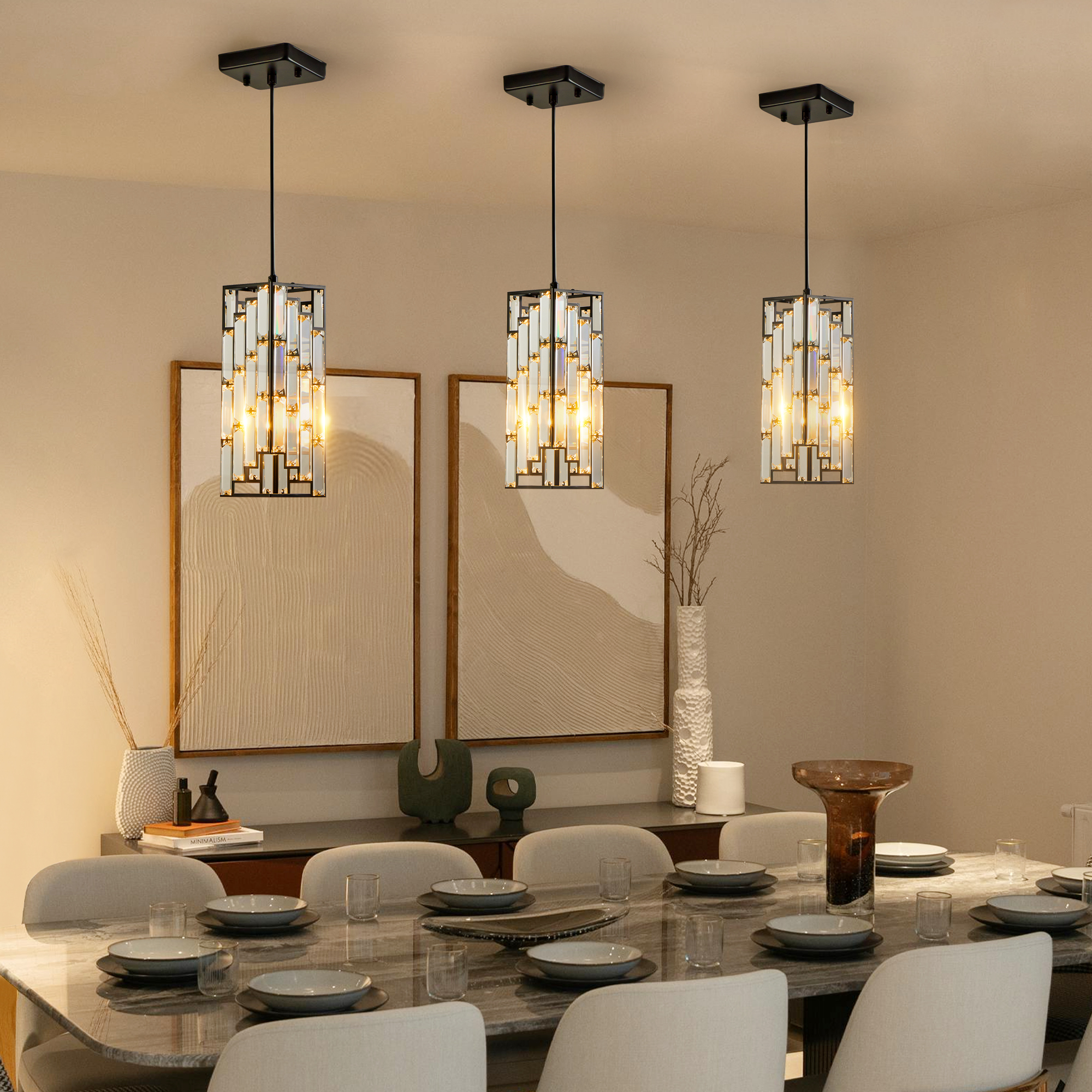4" Modern Crystal Pendant Light - 3 Pack, Adjustable Hanging Ceiling Lamp with Crystal Prism Design for Dining Room, Kitchen Island, and Living Room -Black Finish - Image 4