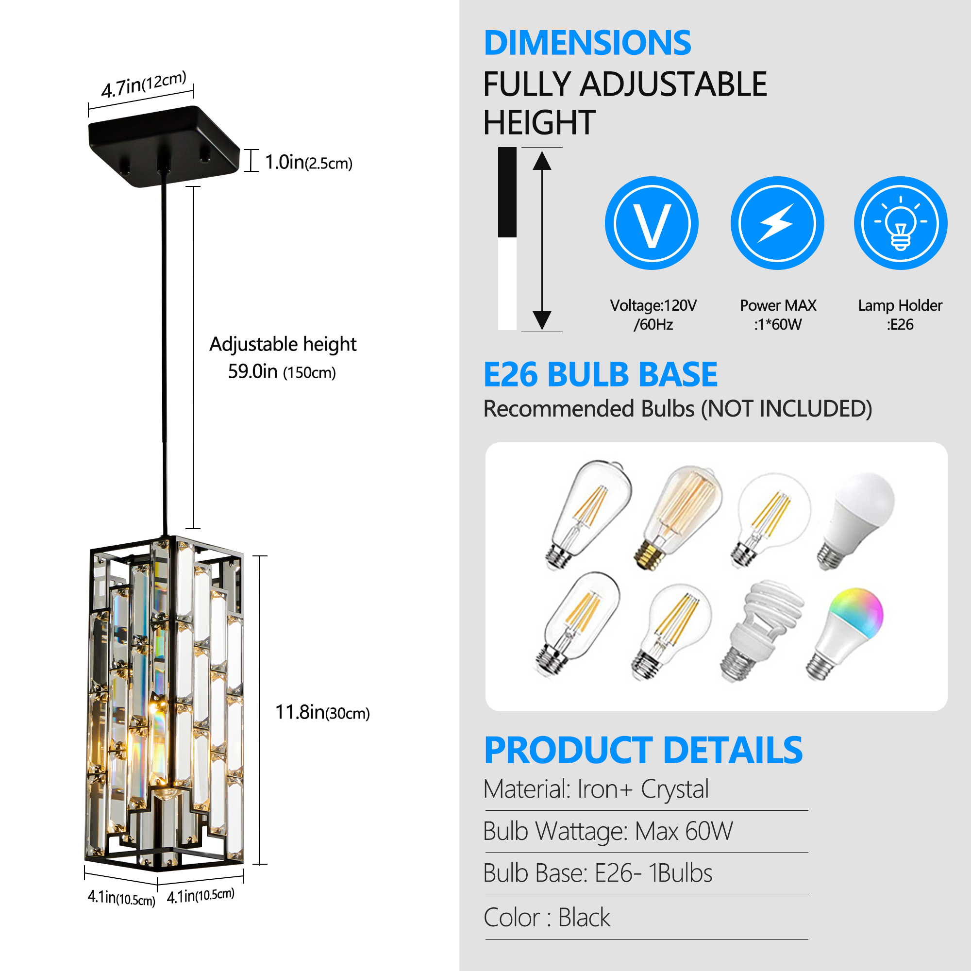4" Modern Crystal Pendant Light - 3 Pack, Adjustable Hanging Ceiling Lamp with Crystal Prism Design for Dining Room, Kitchen Island, and Living Room -Black Finish - Image 5
