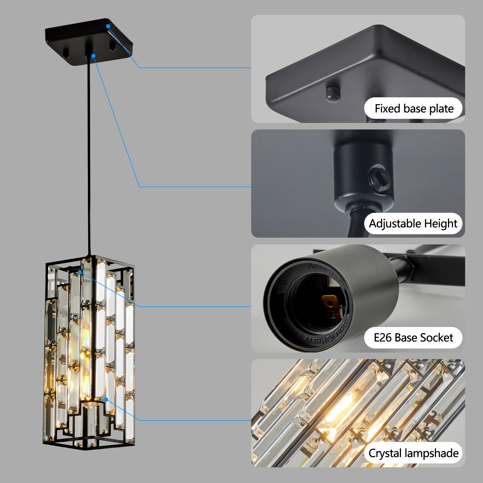 4" Modern Crystal Pendant Light - 3 Pack, Adjustable Hanging Ceiling Lamp with Crystal Prism Design for Dining Room, Kitchen Island, and Living Room -Black Finish - Image 6