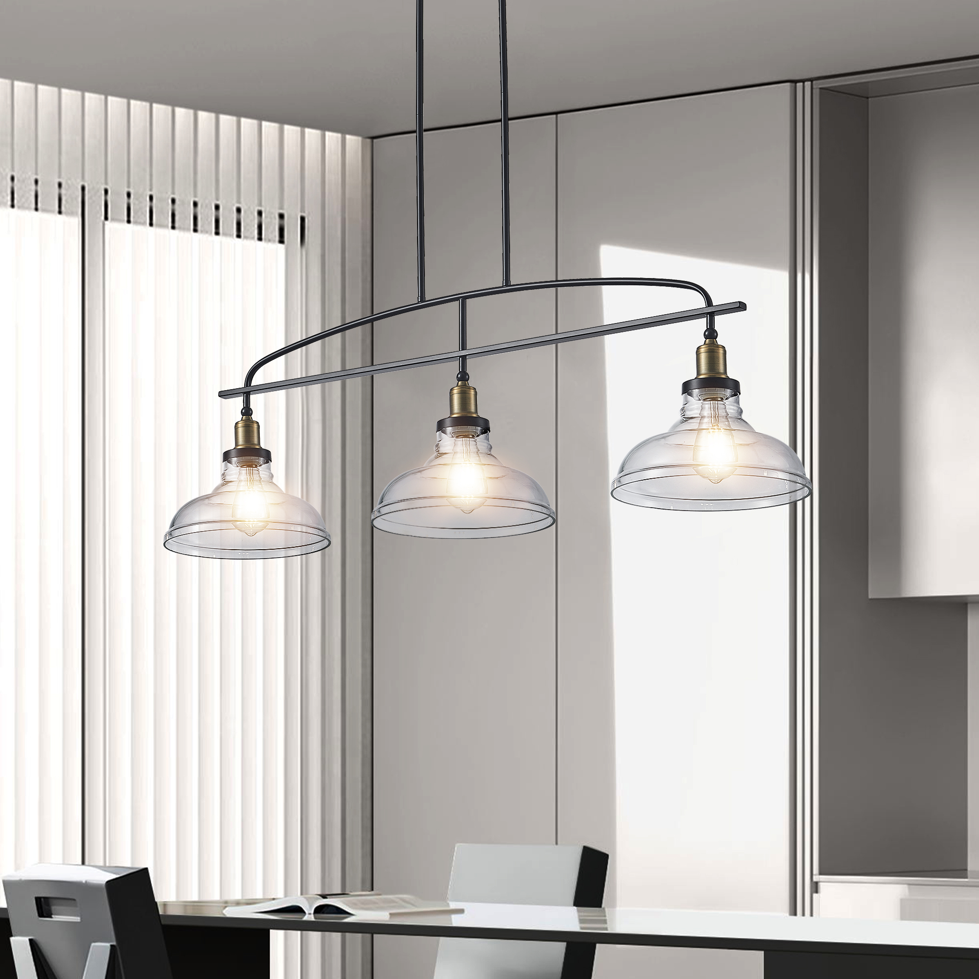 45" Industrial 3-Light Pendant Chandelier with Clear Glass Shades, Black Metal Frame, Adjustable Height, Modern Farmhouse Lighting for Kitchen Island, Dining Room, or Living Room (Bulb Not Included) - Image 2