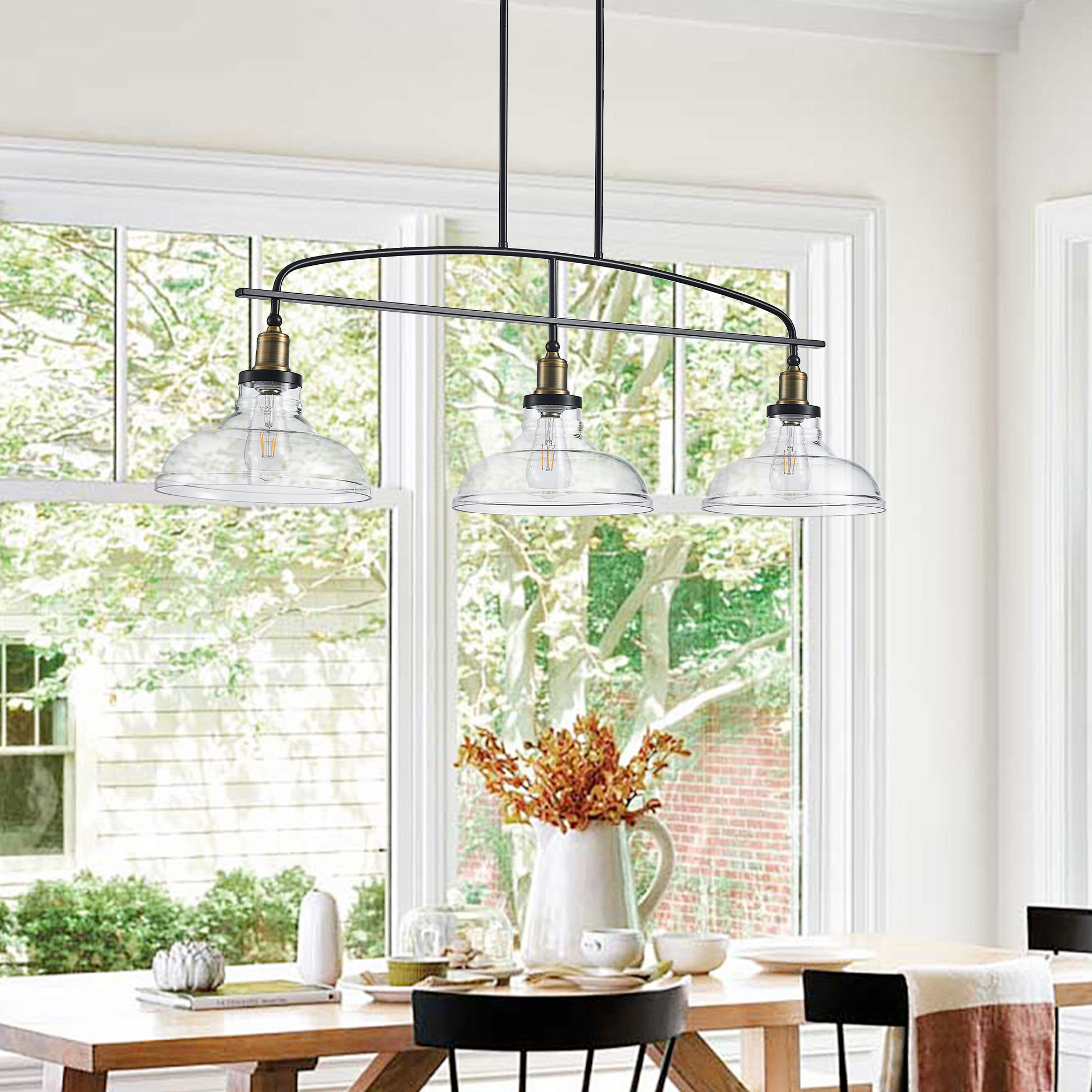 45" Industrial 3-Light Pendant Chandelier with Clear Glass Shades, Black Metal Frame, Adjustable Height, Modern Farmhouse Lighting for Kitchen Island, Dining Room, or Living Room (Bulb Not Included) - Image 3
