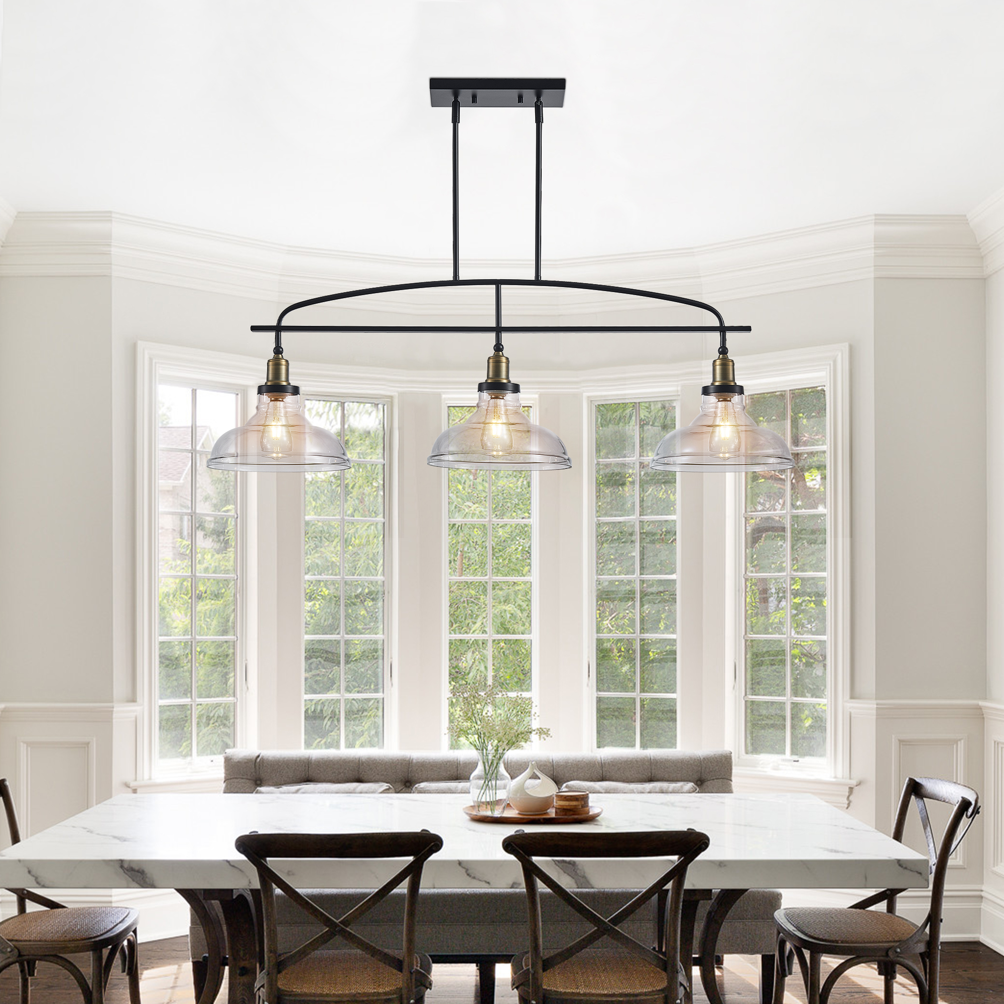 45" Industrial 3-Light Pendant Chandelier with Clear Glass Shades, Black Metal Frame, Adjustable Height, Modern Farmhouse Lighting for Kitchen Island, Dining Room, or Living Room (Bulb Not Included) - Image 4