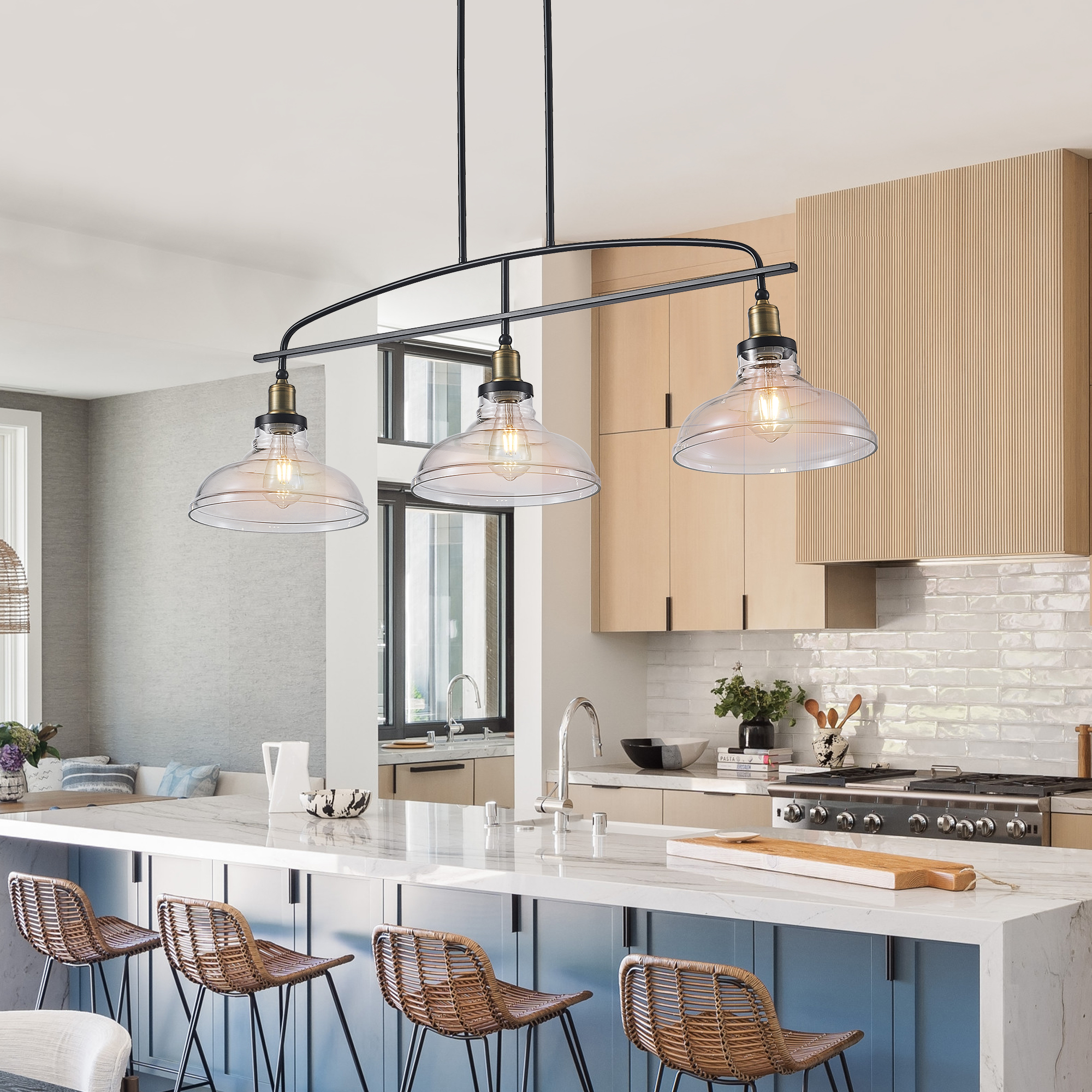 45" Industrial 3-Light Pendant Chandelier with Clear Glass Shades, Black Metal Frame, Adjustable Height, Modern Farmhouse Lighting for Kitchen Island, Dining Room, or Living Room (Bulb Not Included) - Image 5