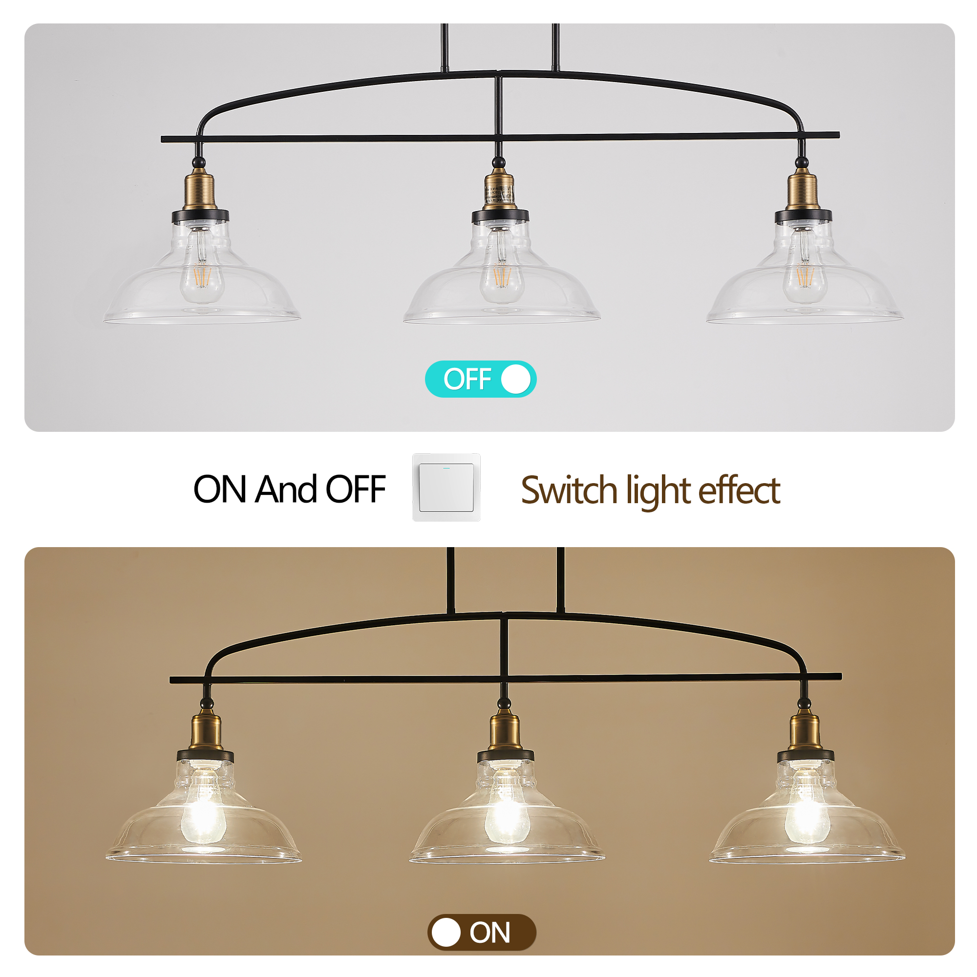 45" Industrial 3-Light Pendant Chandelier with Clear Glass Shades, Black Metal Frame, Adjustable Height, Modern Farmhouse Lighting for Kitchen Island, Dining Room, or Living Room (Bulb Not Included) - Image 6