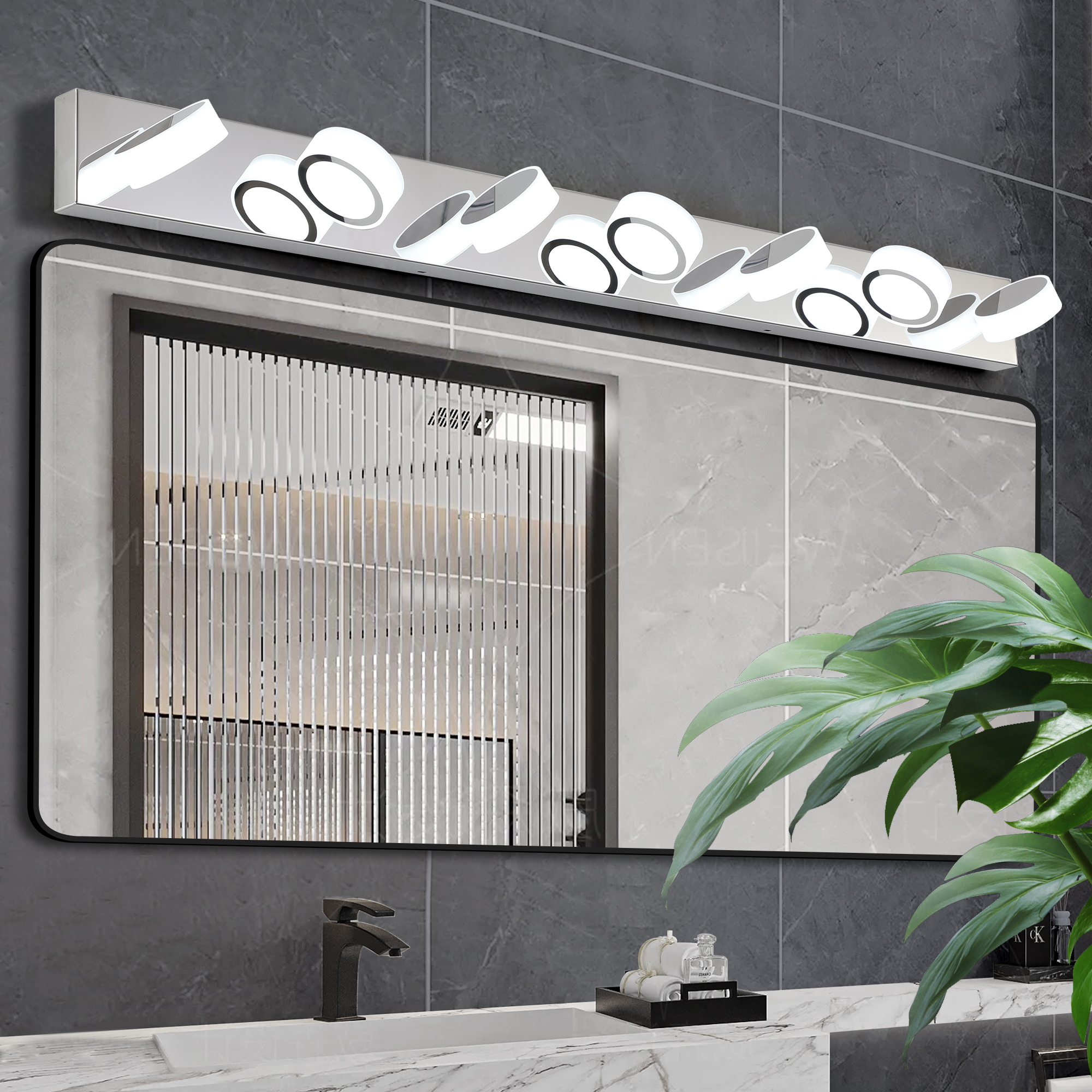 52" Modern 7-Light LED Vanity Light Fixture - Chrome Finish with Acrylic Light Shades - Energy-Efficient Bathroom Wall Sconce - Dimmable for Mirror, Shower, and Bathroom Decor - Image 2