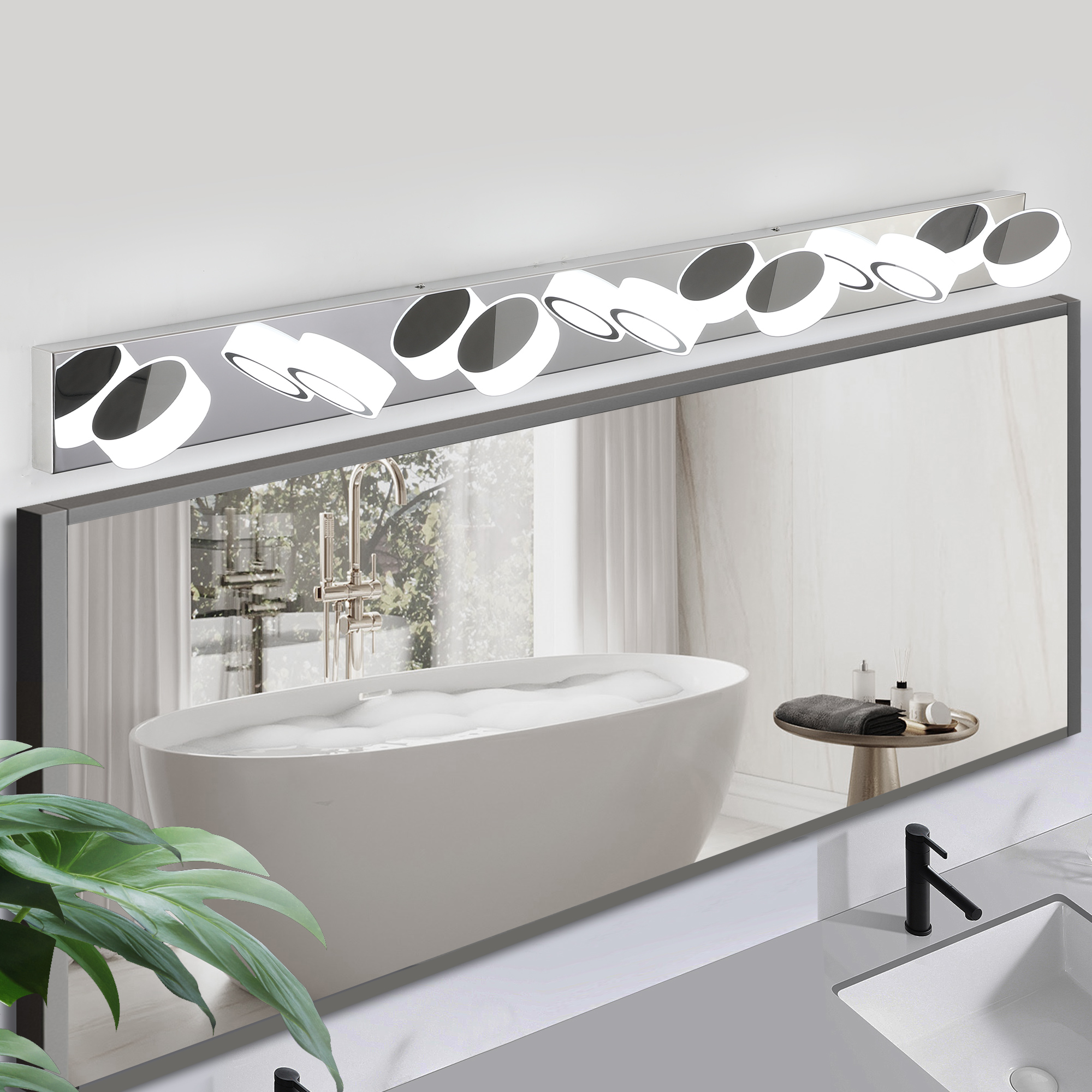 52" Modern 7-Light LED Vanity Light Fixture - Chrome Finish with Acrylic Light Shades - Energy-Efficient Bathroom Wall Sconce - Dimmable for Mirror, Shower, and Bathroom Decor - Image 3