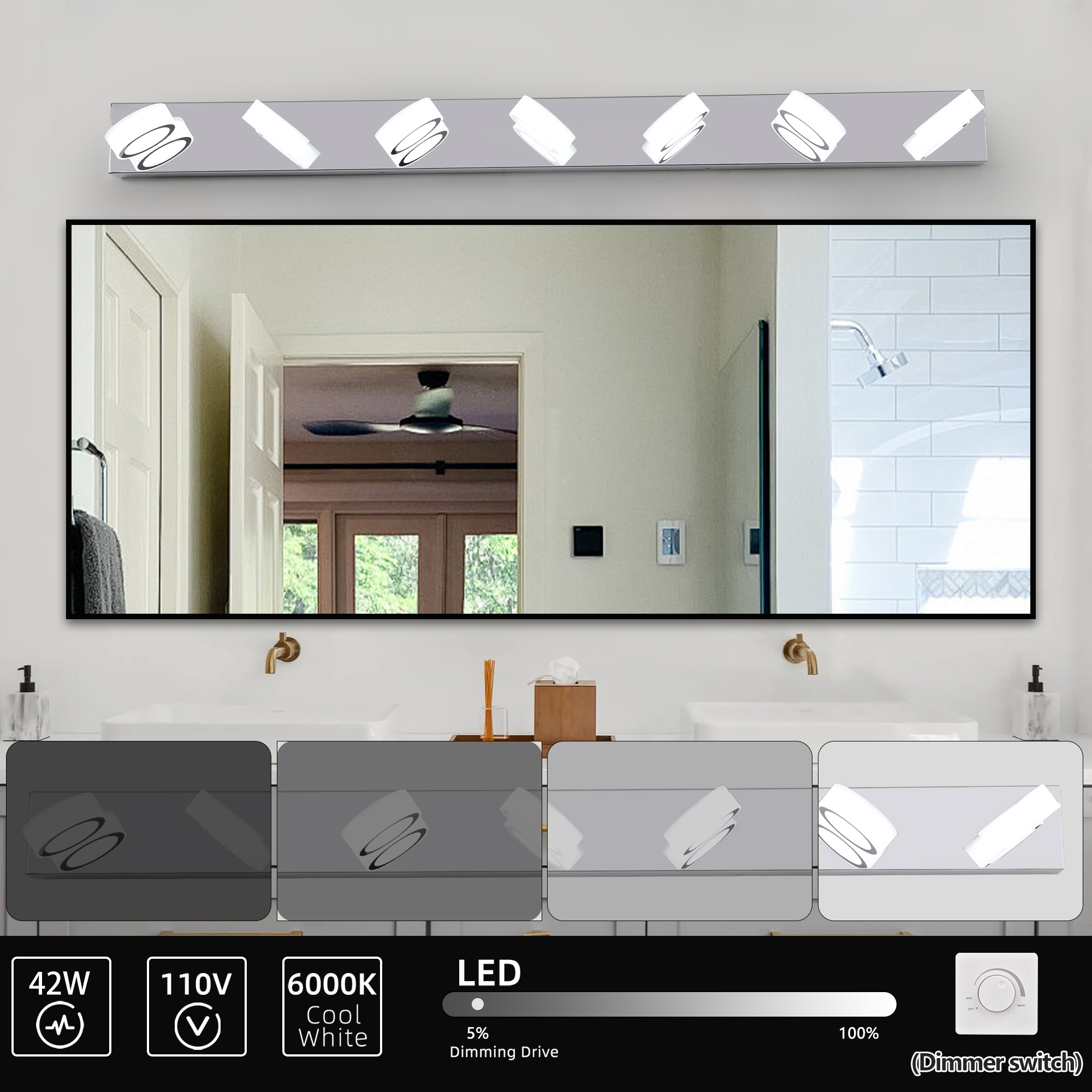 52" Modern 7-Light LED Vanity Light Fixture - Chrome Finish with Acrylic Light Shades - Energy-Efficient Bathroom Wall Sconce - Dimmable for Mirror, Shower, and Bathroom Decor - Image 4