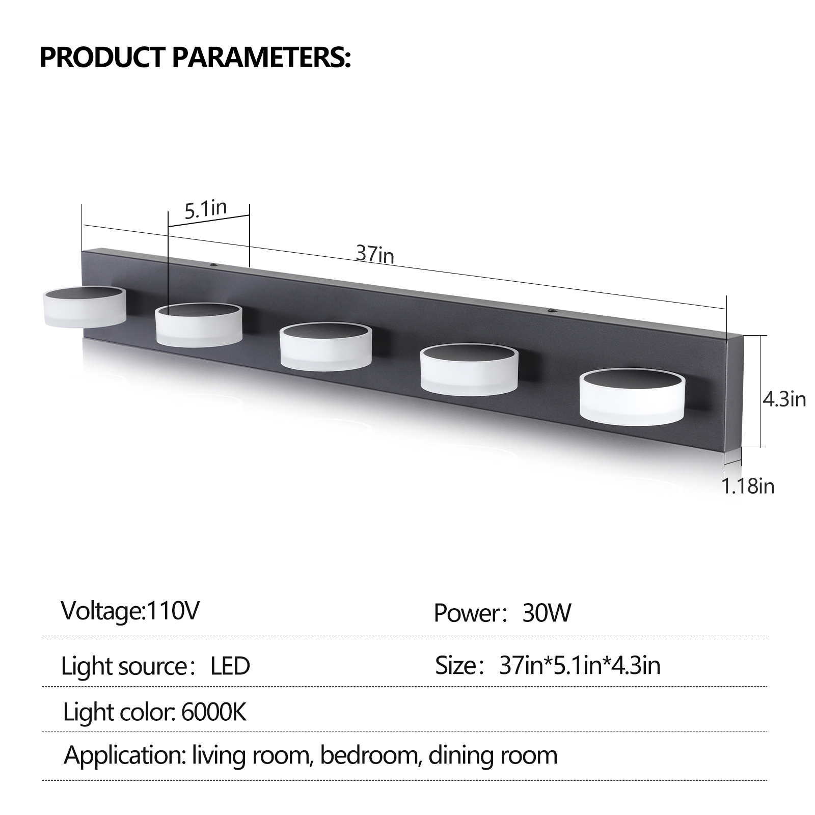 (Same as W1340110593/L2009) 37" Modern 5-Light LED Vanity Light, Sleek Black Bathroom Wall Light Fixture for Mirror, Shower, and Bathroom Decor - Image 3