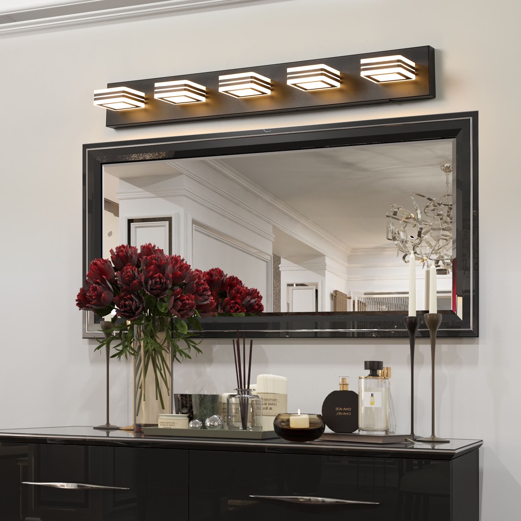 34" Modern 5-Light LED Vanity Light - Sleek Bathroom Wall Fixture, Iron & Acrylic, Dimmable & Energy-Efficient, Ideal for Mirror Lighting - Image 2