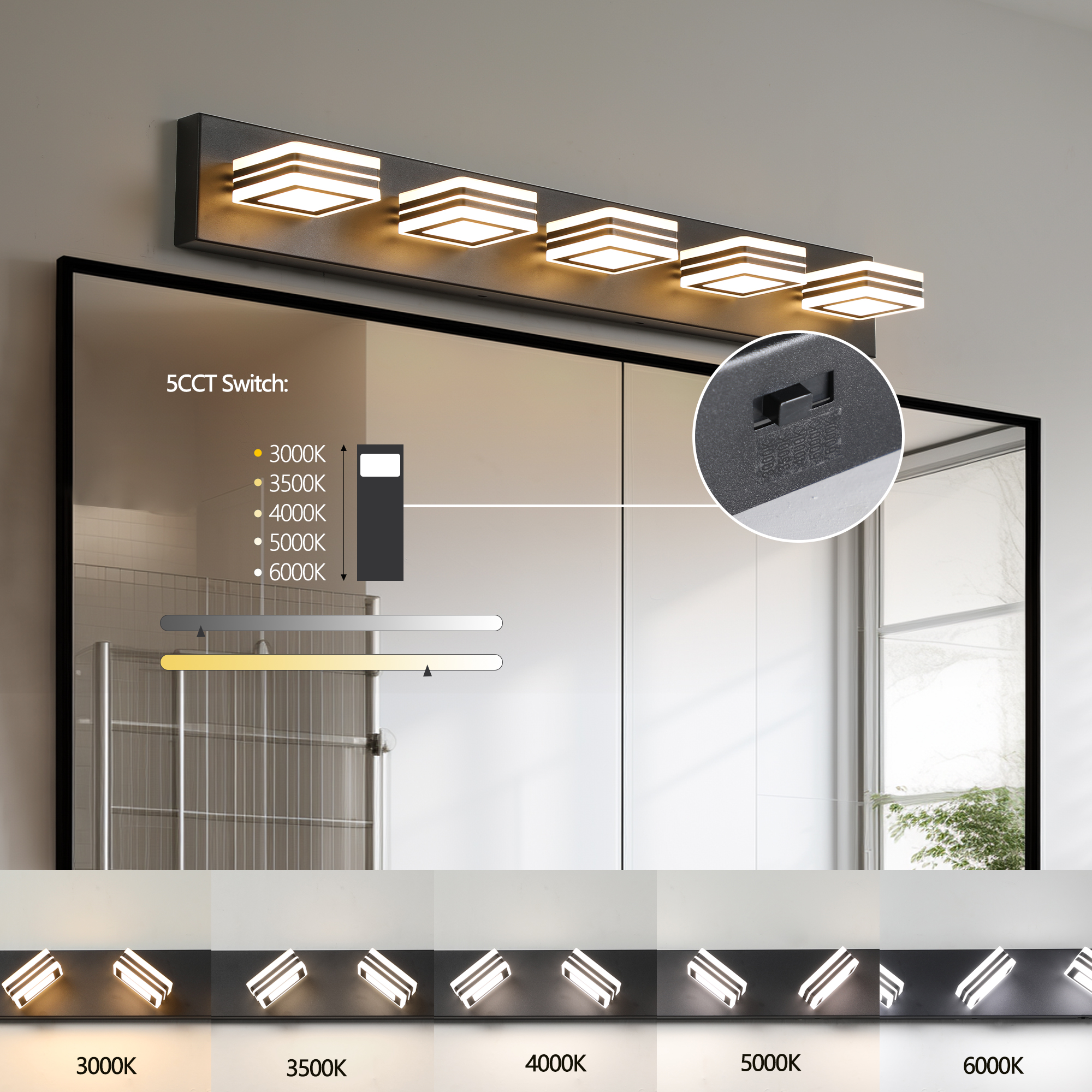 34" Modern 5-Light LED Vanity Light - Sleek Bathroom Wall Fixture, Iron & Acrylic, Dimmable & Energy-Efficient, Ideal for Mirror Lighting - Image 6