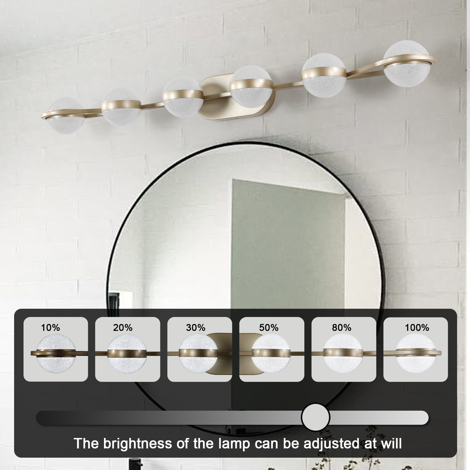 (Same as W1340P143676/L2001-G-6) 43" Gold Minimalist LED Bathroom Vanity Light with Crystal Sand Acrylic Shades, 6-Light Wall Mounted Decorative Lighting Fixture, Suitable for Bathroom Vanity Mirror - Image 3