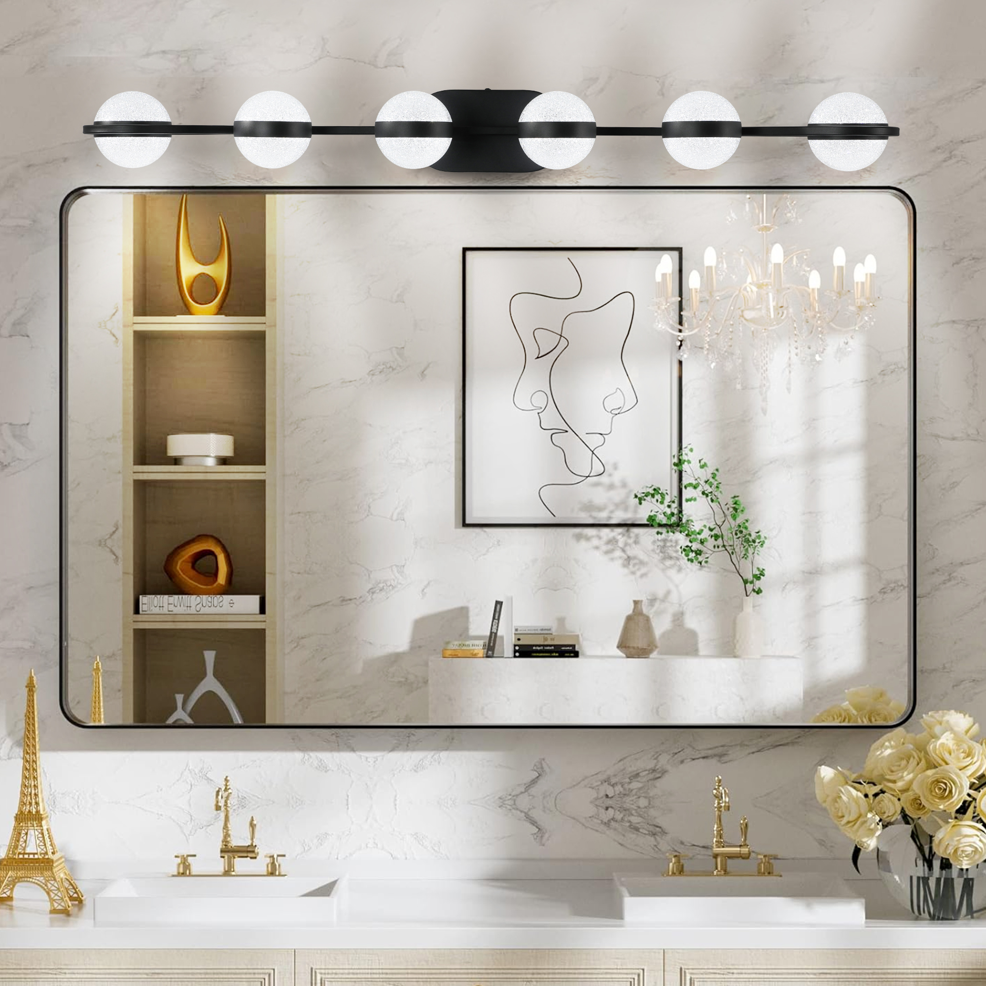 (Same as W1340P143680/LL2001-B-6) 43" Black Minimalist LED Bathroom Vanity Light with Crystal Sand Acrylic Shades,6-Light Wall Mounted Decorative Lighting Fixture, Suitable for Bathroom Vanity Mirror - Image 2