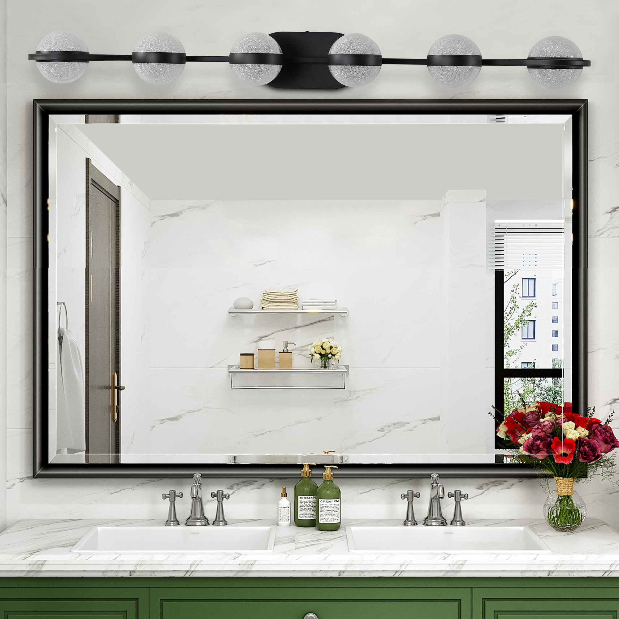 (Same as W1340P143680/LL2001-B-6) 43" Black Minimalist LED Bathroom Vanity Light with Crystal Sand Acrylic Shades,6-Light Wall Mounted Decorative Lighting Fixture, Suitable for Bathroom Vanity Mirror - Image 3