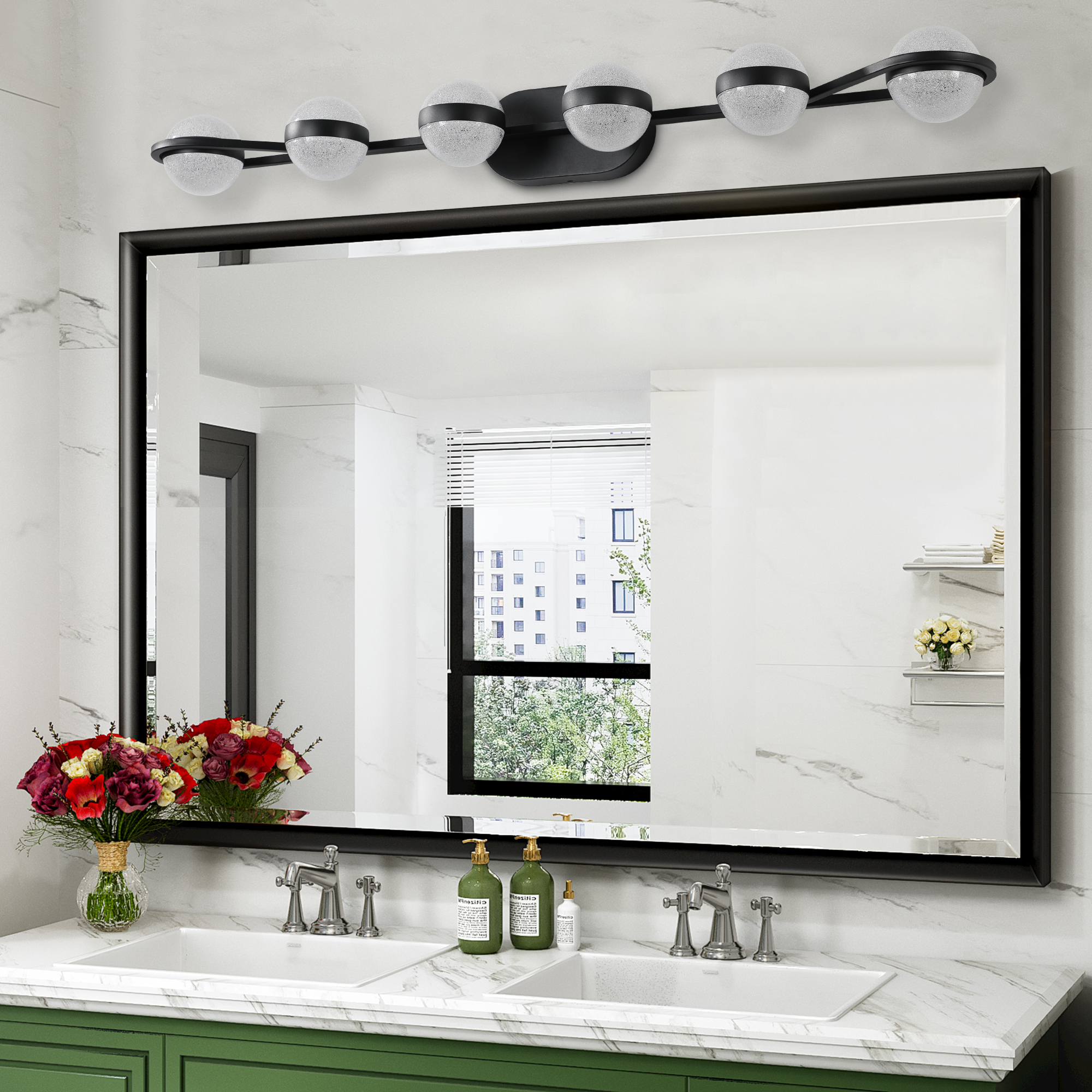 (Same as W1340P143680/LL2001-B-6) 43" Black Minimalist LED Bathroom Vanity Light with Crystal Sand Acrylic Shades,6-Light Wall Mounted Decorative Lighting Fixture, Suitable for Bathroom Vanity Mirror - Image 4