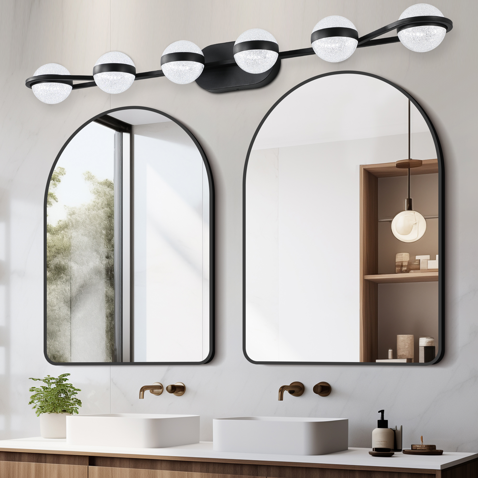 (Same as W1340P143680/LL2001-B-6) 43" Black Minimalist LED Bathroom Vanity Light with Crystal Sand Acrylic Shades,6-Light Wall Mounted Decorative Lighting Fixture, Suitable for Bathroom Vanity Mirror - Image 5