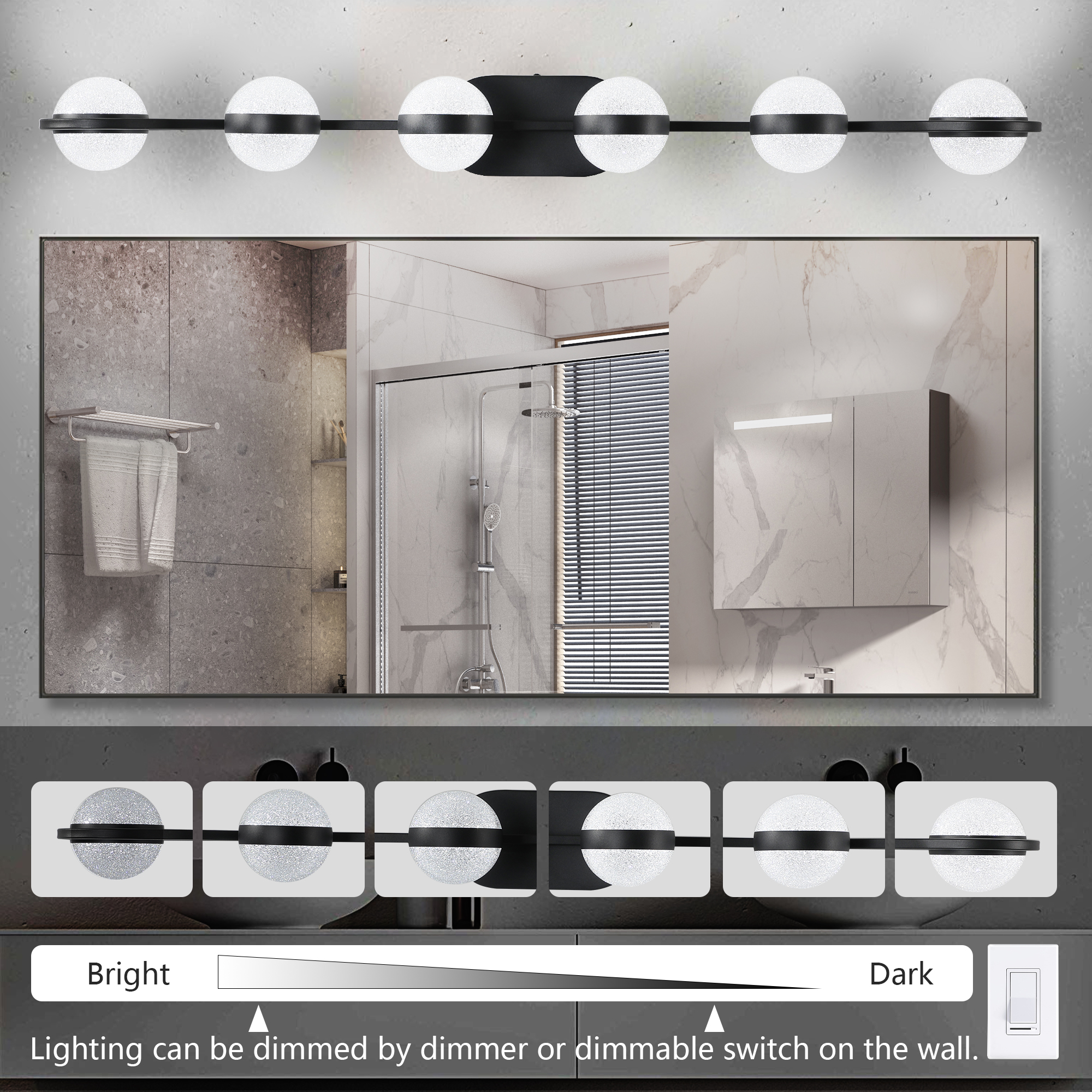 (Same as W1340P143680/LL2001-B-6) 43" Black Minimalist LED Bathroom Vanity Light with Crystal Sand Acrylic Shades,6-Light Wall Mounted Decorative Lighting Fixture, Suitable for Bathroom Vanity Mirror - Image 6