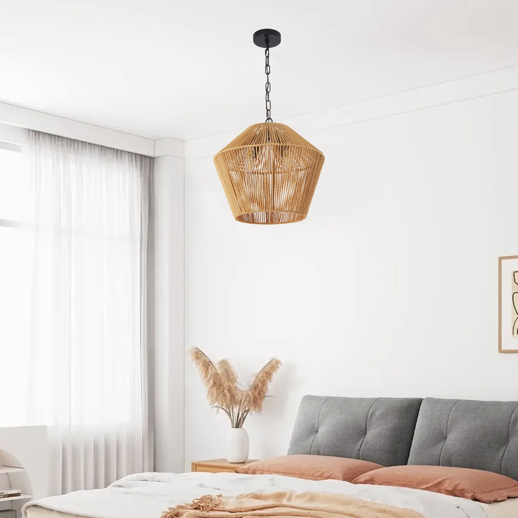 17" Boho Hemp Rope Pendant Light, Handcrafted Farmhouse Hanging Light Fixture for Kitchen Island, Dining Room, or Bedroom, Natural Finish, Adjustable Height (Bulb Not Included) - Image 3