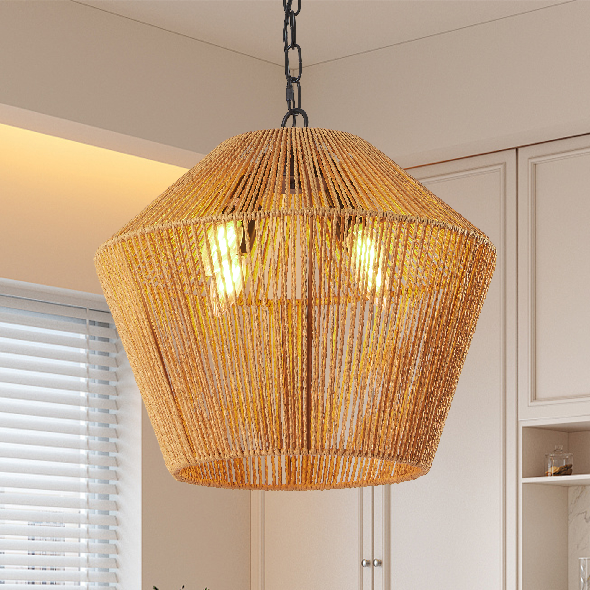17" Boho Hemp Rope Pendant Light, Handcrafted Farmhouse Hanging Light Fixture for Kitchen Island, Dining Room, or Bedroom, Natural Finish, Adjustable Height (Bulb Not Included) - Image 5