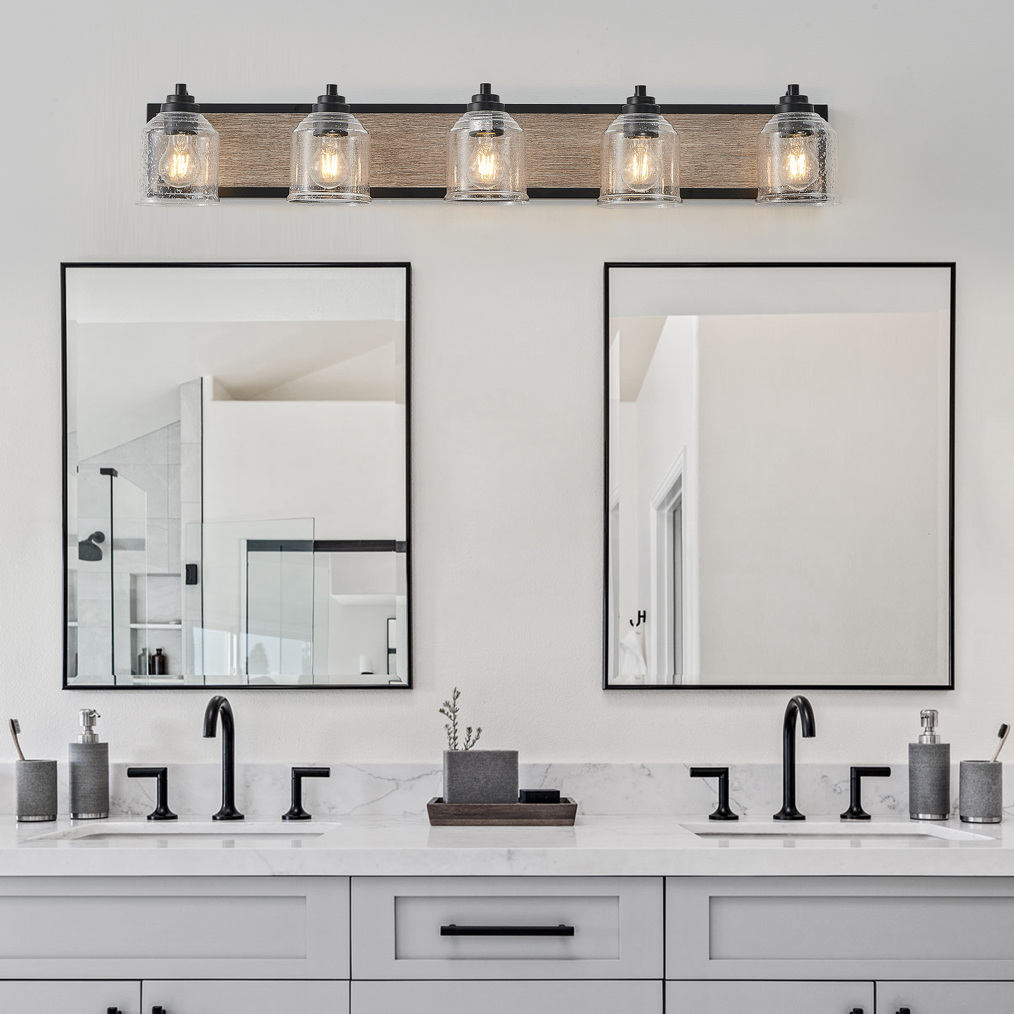 40" Farmhouse Vanity Light Fixture, 5-Light Bathroom Wall Sconce with Clear Seeded Glass Shades, Black and Wood Grain Finish, Modern Industrial Design for Bathroom or Powder Room (No Bulbs) - Image 2