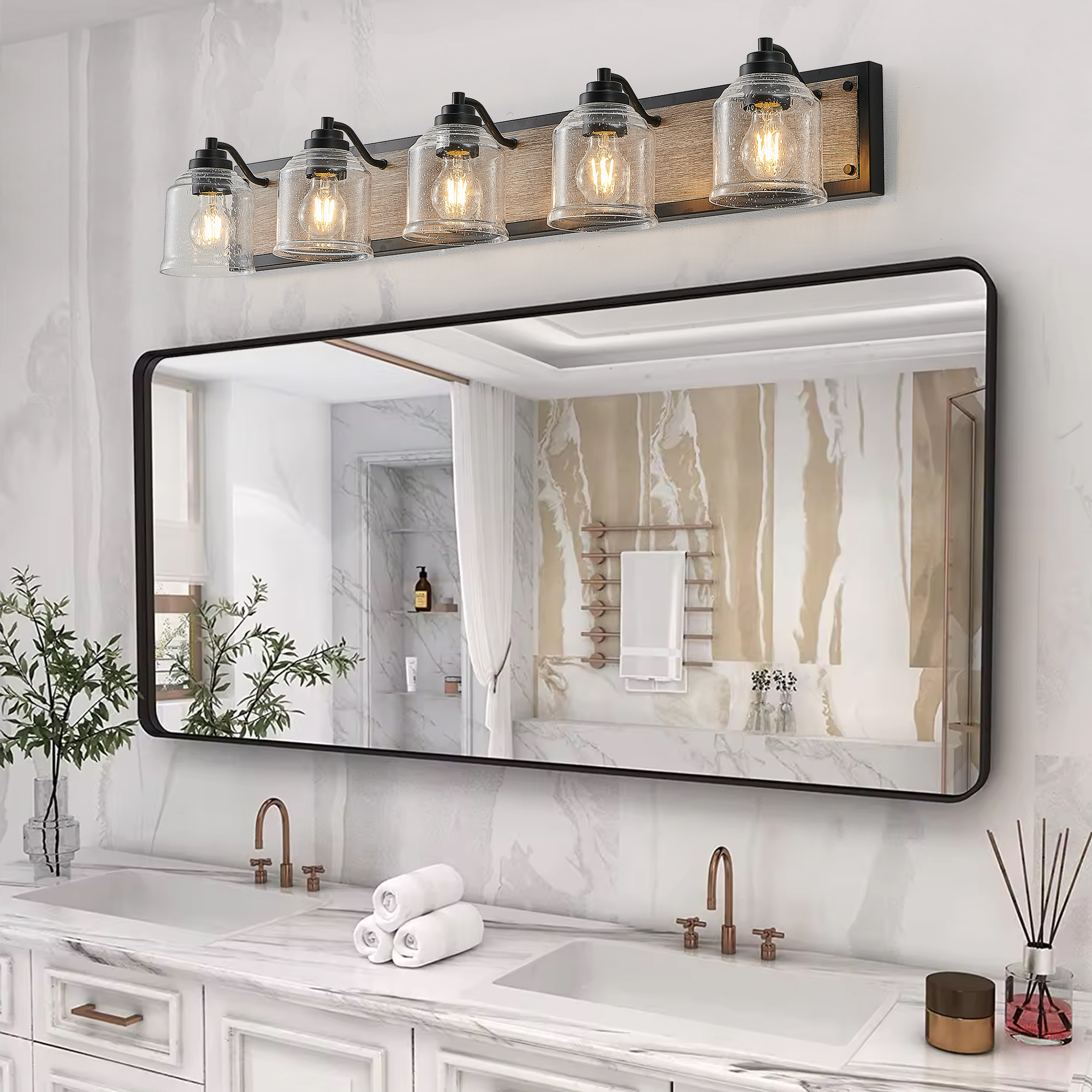 40" Farmhouse Vanity Light Fixture, 5-Light Bathroom Wall Sconce with Clear Seeded Glass Shades, Black and Wood Grain Finish, Modern Industrial Design for Bathroom or Powder Room (No Bulbs) - Image 3