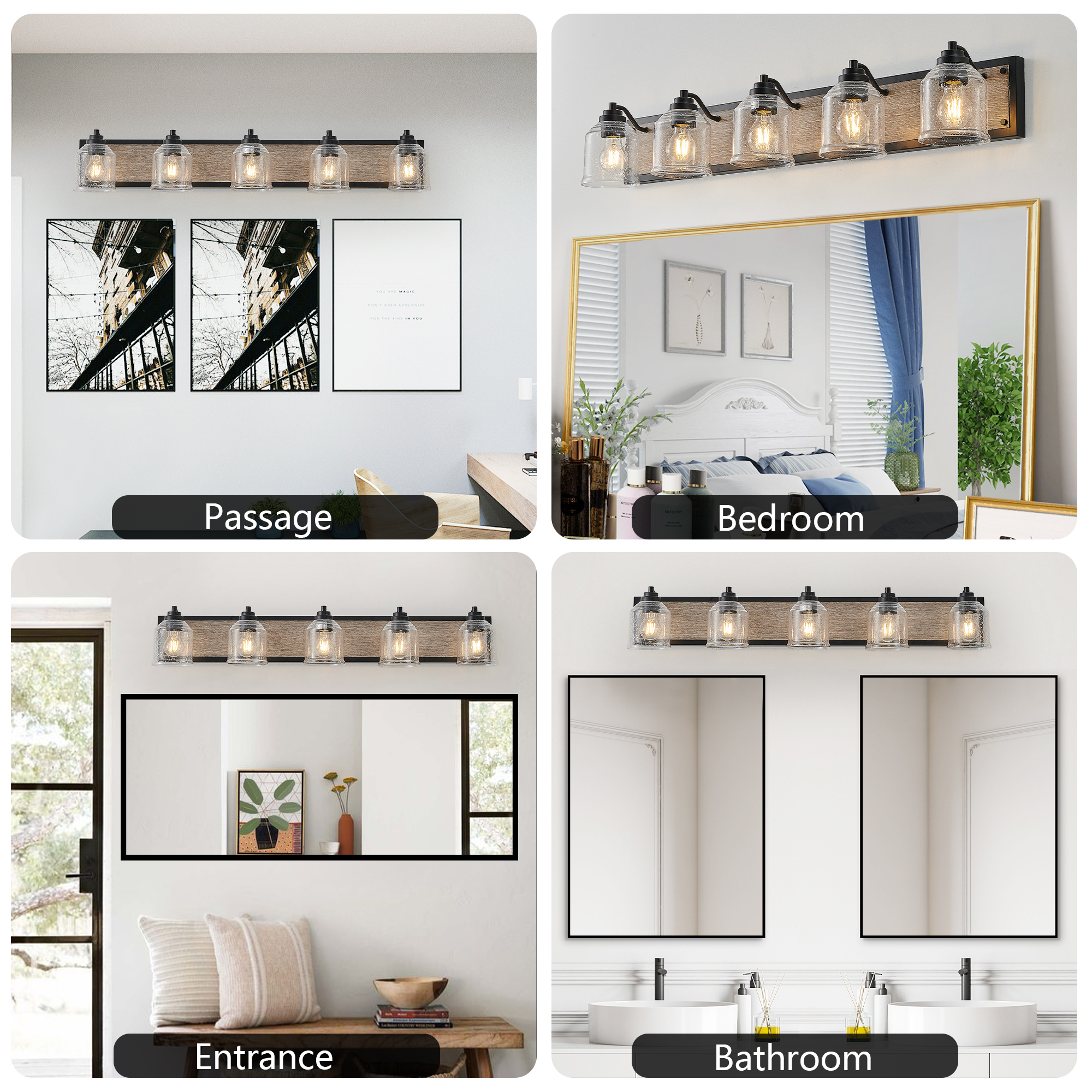 40" Farmhouse Vanity Light Fixture, 5-Light Bathroom Wall Sconce with Clear Seeded Glass Shades, Black and Wood Grain Finish, Modern Industrial Design for Bathroom or Powder Room (No Bulbs) - Image 6