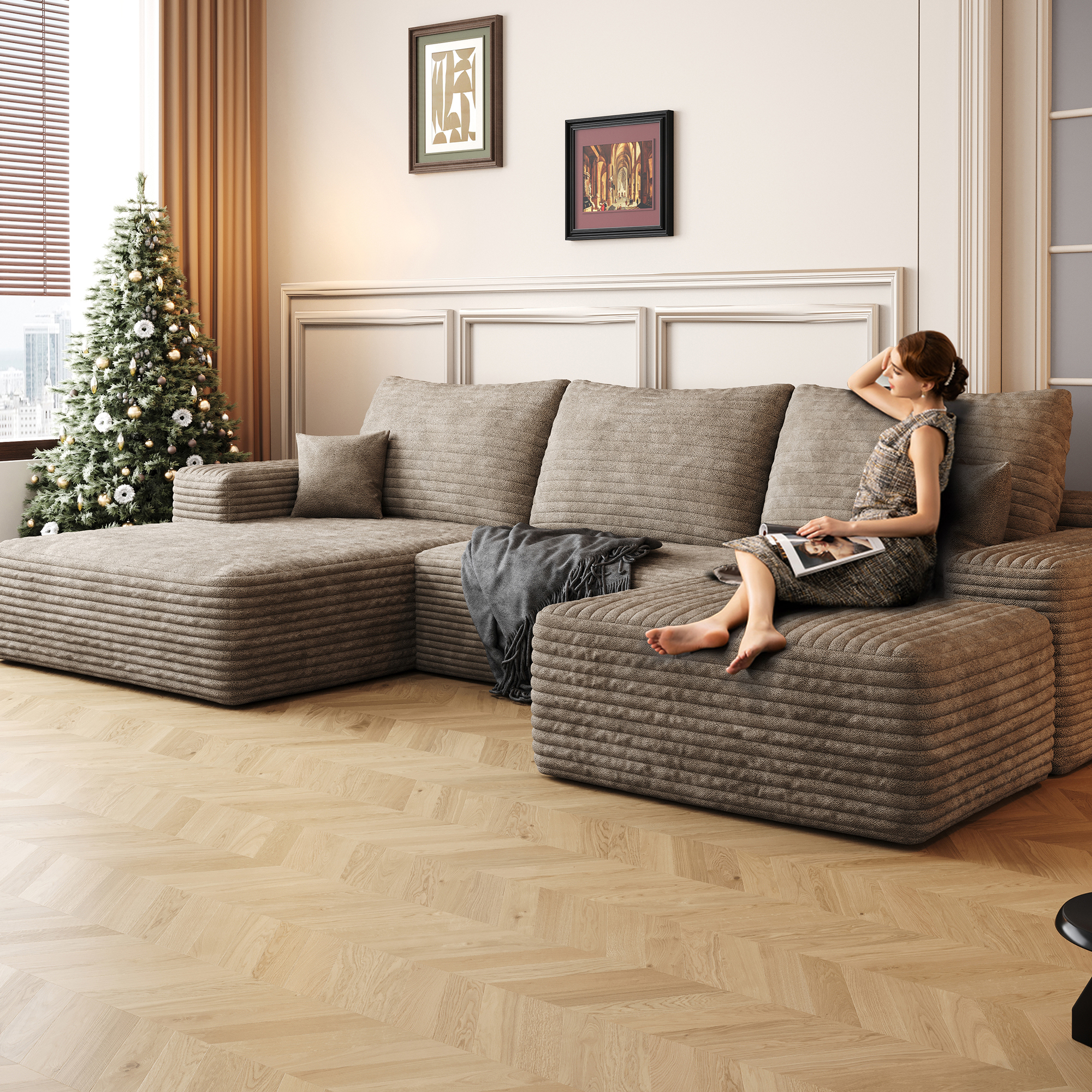 107" Cloud Sectional Sofa with 1 Ottoman,Modern Minimalist Upholstered Couches, Comfort U Shaped Sofa for Living Room,Deep Seat Corner Couch,No Assembly Required ,Camel(Plush Corduroy Fabric) - Image 3