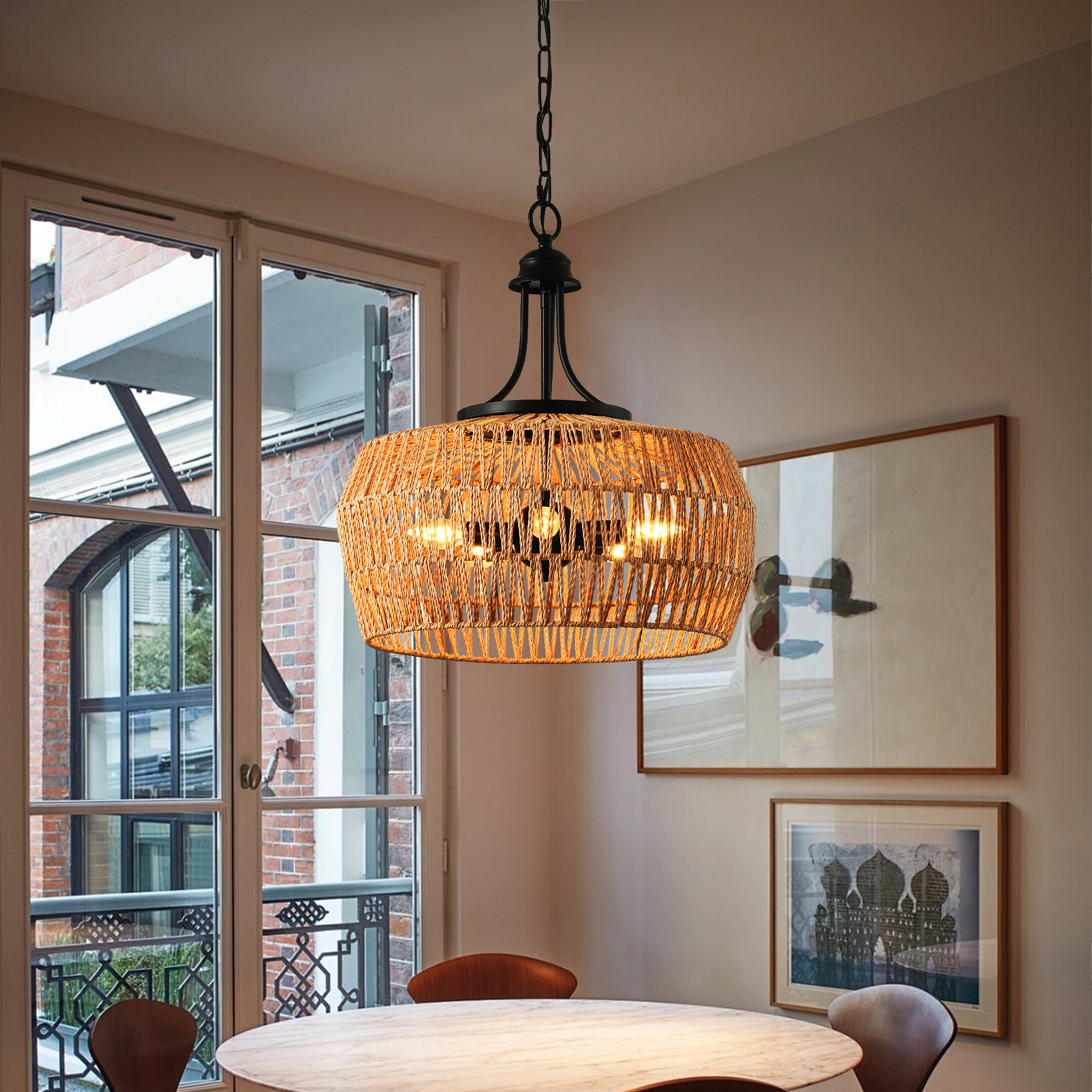 19" Boho Hemp Rope Pendant Light, Hand-Woven Jute Hanging Lamp with Adjustable Chain, Natural Rope Shade Ceiling Light Fixture for Kitchen Island, Dining Room, or Entryway (Bulb Not Included) - Image 2
