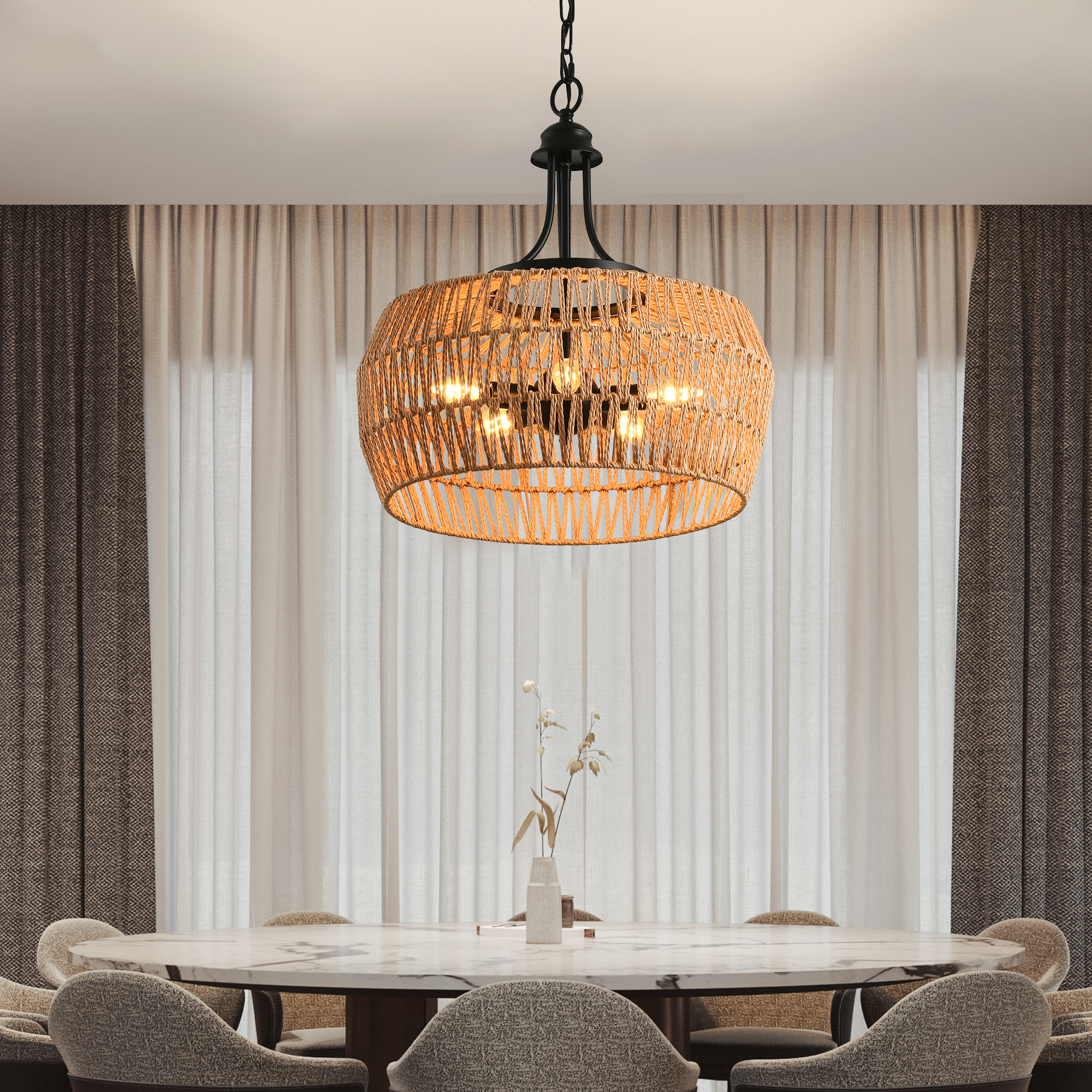 19" Boho Hemp Rope Pendant Light, Hand-Woven Jute Hanging Lamp with Adjustable Chain, Natural Rope Shade Ceiling Light Fixture for Kitchen Island, Dining Room, or Entryway (Bulb Not Included) - Image 3