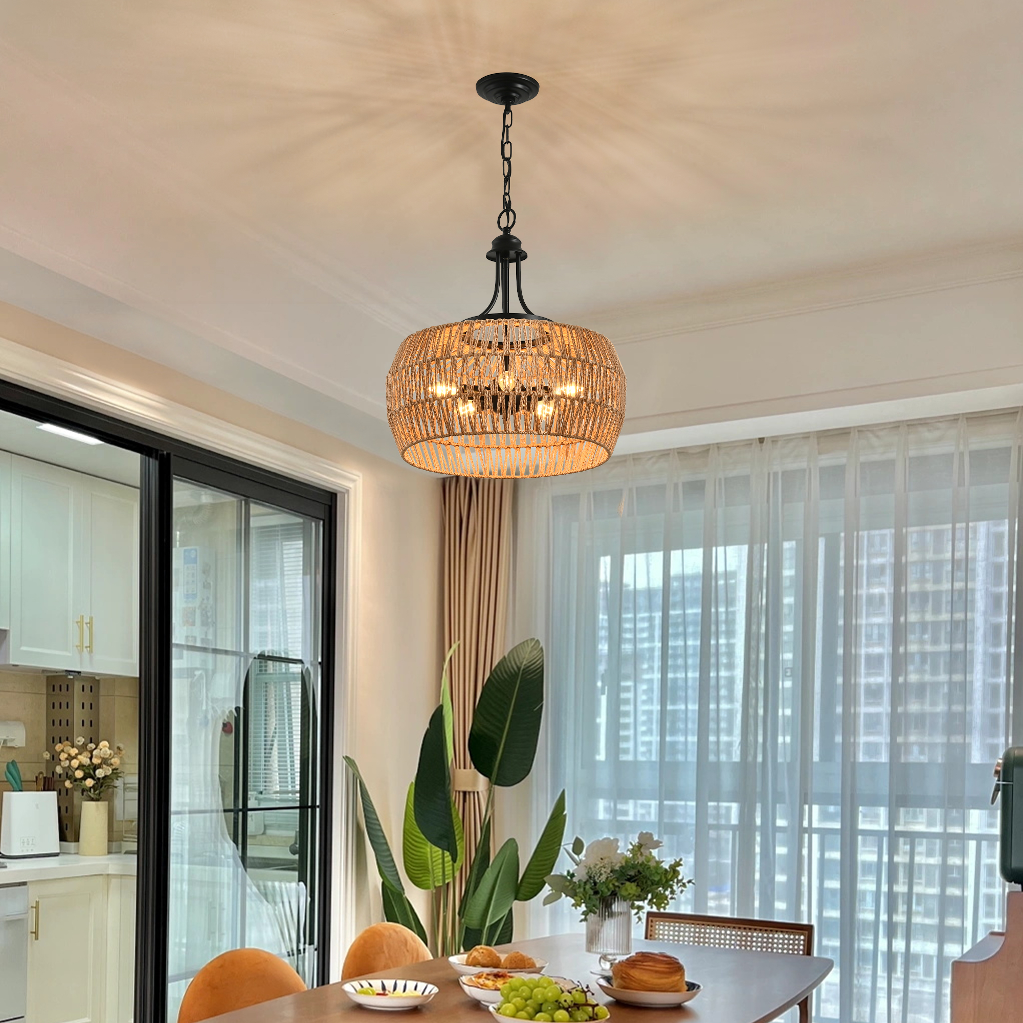 19" Boho Hemp Rope Pendant Light, Hand-Woven Jute Hanging Lamp with Adjustable Chain, Natural Rope Shade Ceiling Light Fixture for Kitchen Island, Dining Room, or Entryway (Bulb Not Included) - Image 5