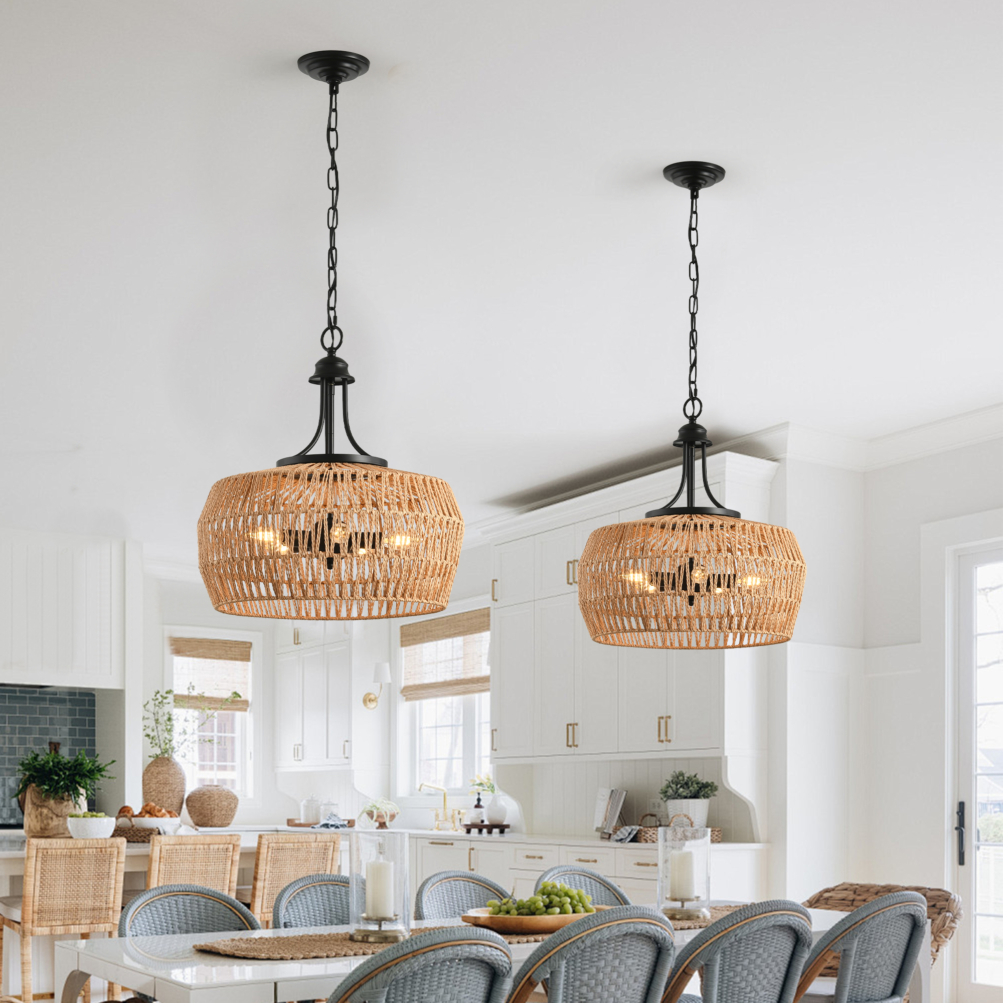 19" Boho Hemp Rope Pendant Light, Hand-Woven Jute Hanging Lamp with Adjustable Chain, Natural Rope Shade Ceiling Light Fixture for Kitchen Island, Dining Room, or Entryway (Bulb Not Included) - Image 4