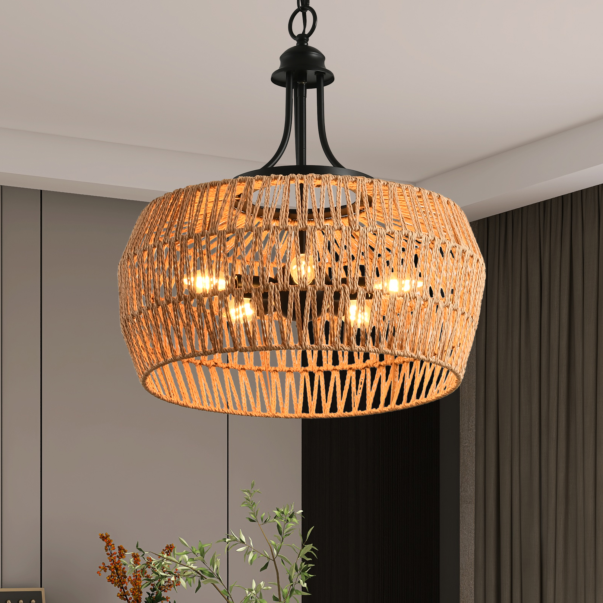 19" Boho Hemp Rope Pendant Light, Hand-Woven Jute Hanging Lamp with Adjustable Chain, Natural Rope Shade Ceiling Light Fixture for Kitchen Island, Dining Room, or Entryway (Bulb Not Included) - Image 6