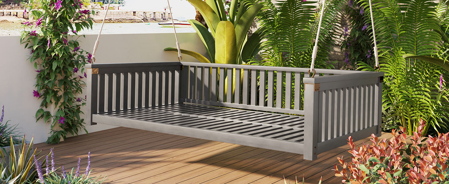 TOPMAX Patio Minimalist Twin Size Garden Swing Bed Wood Porch Swing with Ropes for Backyard, Safe Sloped Design, Gray - Image 2