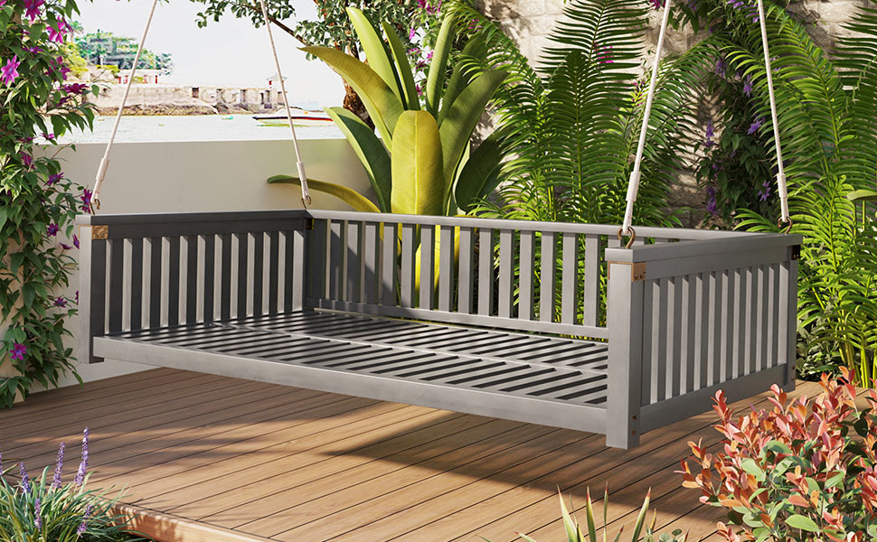 TOPMAX Patio Minimalist Twin Size Garden Swing Bed Wood Porch Swing with Ropes for Backyard, Safe Sloped Design, Gray - Image 3