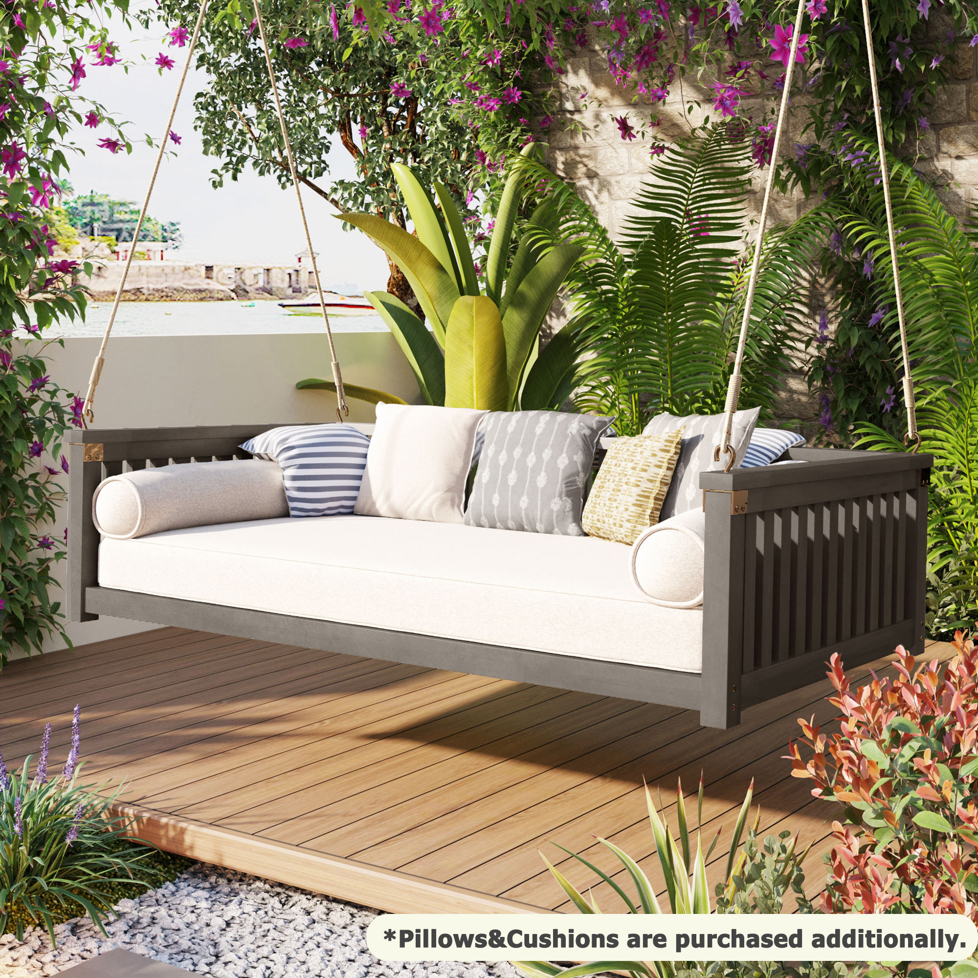 TOPMAX Patio Minimalist Twin Size Garden Swing Bed Wood Porch Swing with Ropes for Backyard, Safe Sloped Design, Gray - Image 4