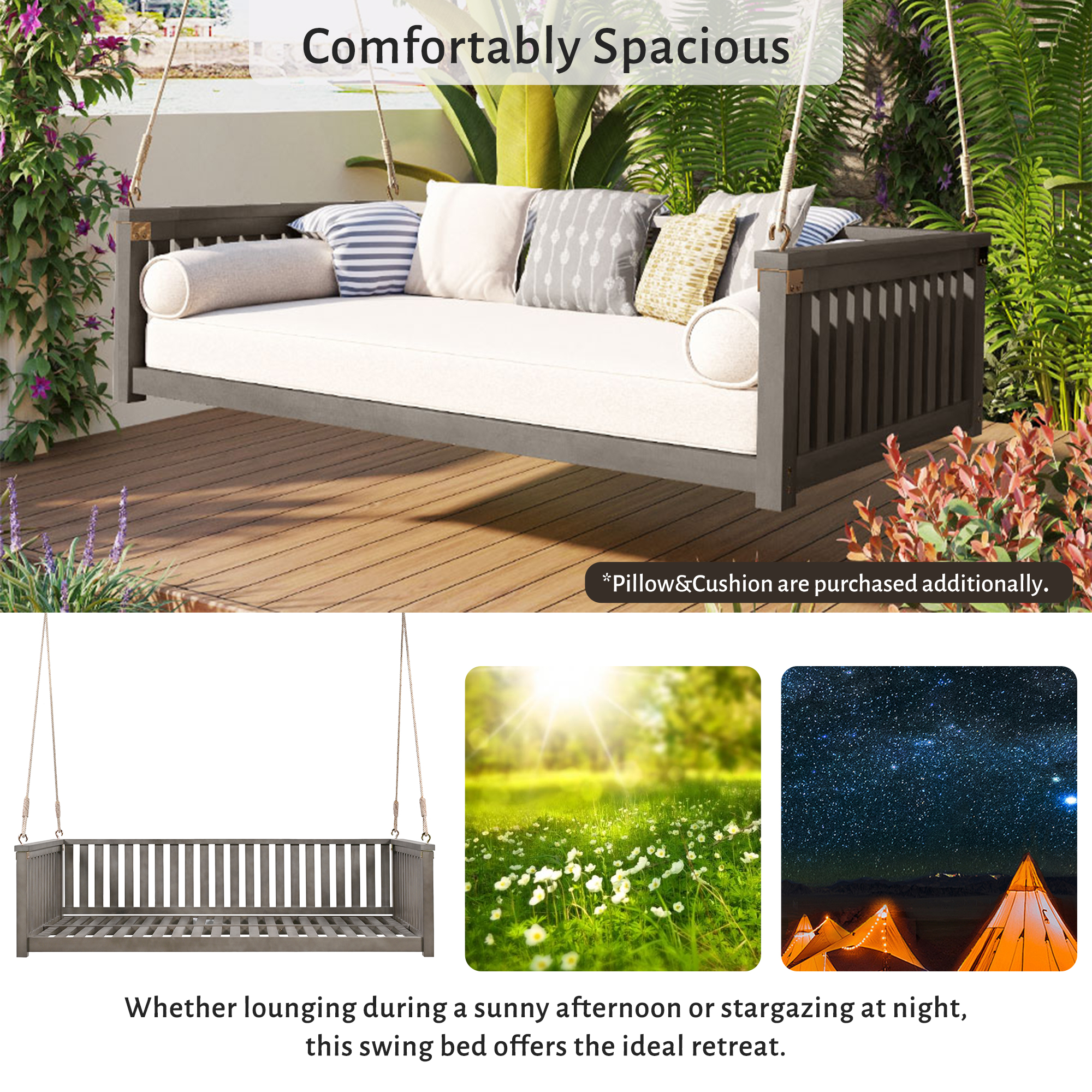 TOPMAX Patio Minimalist Twin Size Garden Swing Bed Wood Porch Swing with Ropes for Backyard, Safe Sloped Design, Gray - Image 5