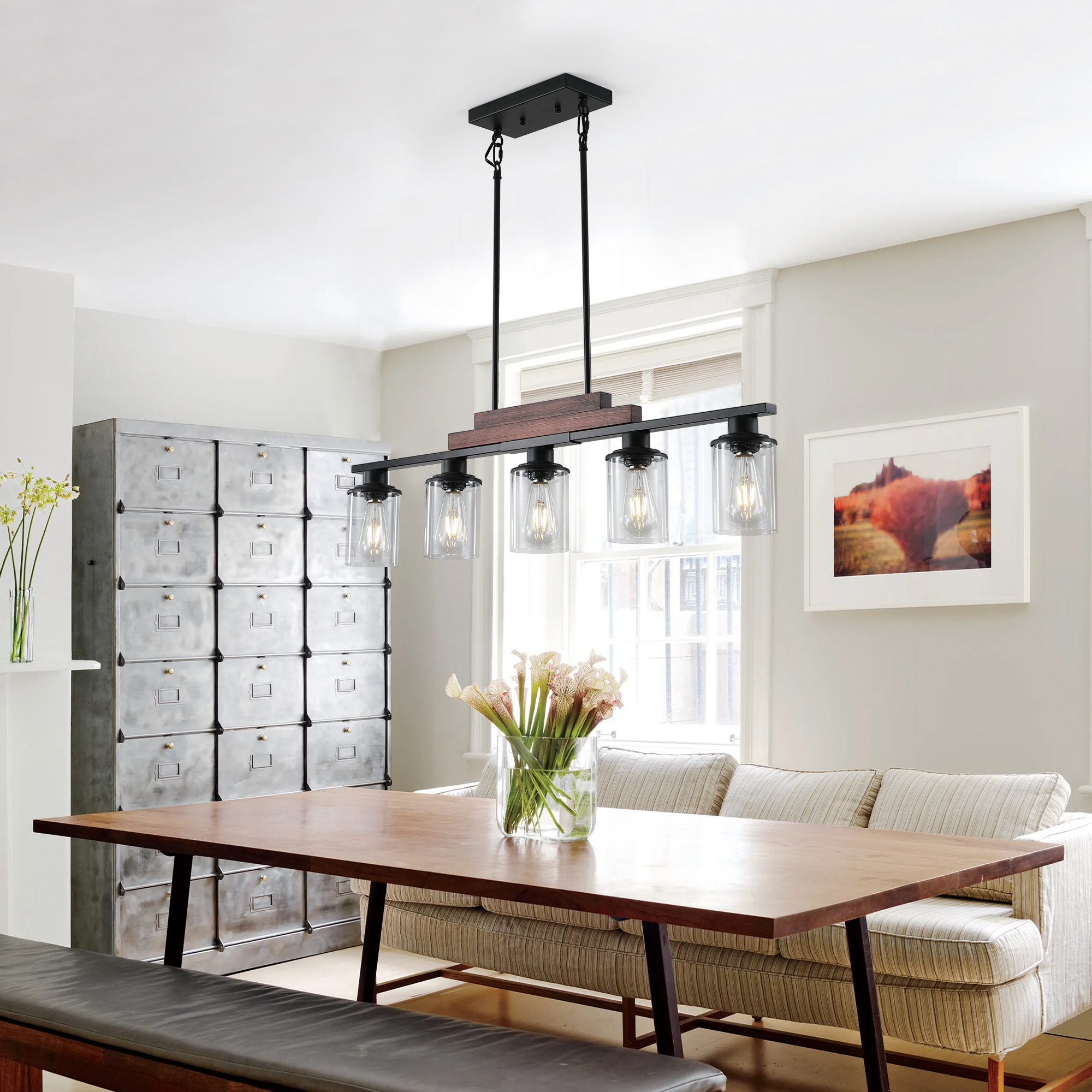 37" Farmhouse Industrial 5-Light Kitchen Island Pendant Light, Metal Wood Chandelier with Clear Glass Shades, Adjustable Height Hanging Fixture for Dining Room, Living Room, Kitchen (No Bulbs) - Image 2