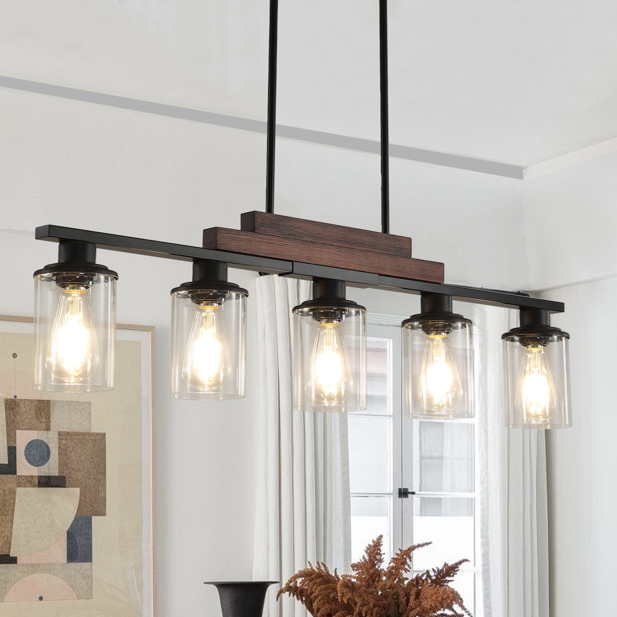 37" Farmhouse Industrial 5-Light Kitchen Island Pendant Light, Metal Wood Chandelier with Clear Glass Shades, Adjustable Height Hanging Fixture for Dining Room, Living Room, Kitchen (No Bulbs) - Image 3