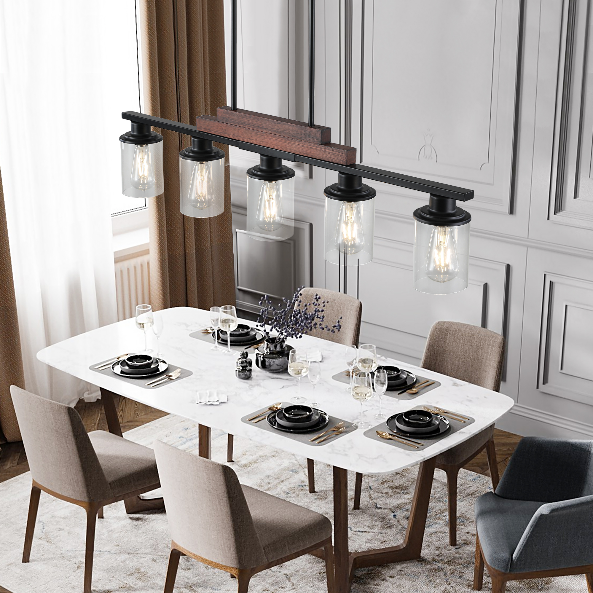 37" Farmhouse Industrial 5-Light Kitchen Island Pendant Light, Metal Wood Chandelier with Clear Glass Shades, Adjustable Height Hanging Fixture for Dining Room, Living Room, Kitchen (No Bulbs) - Image 4