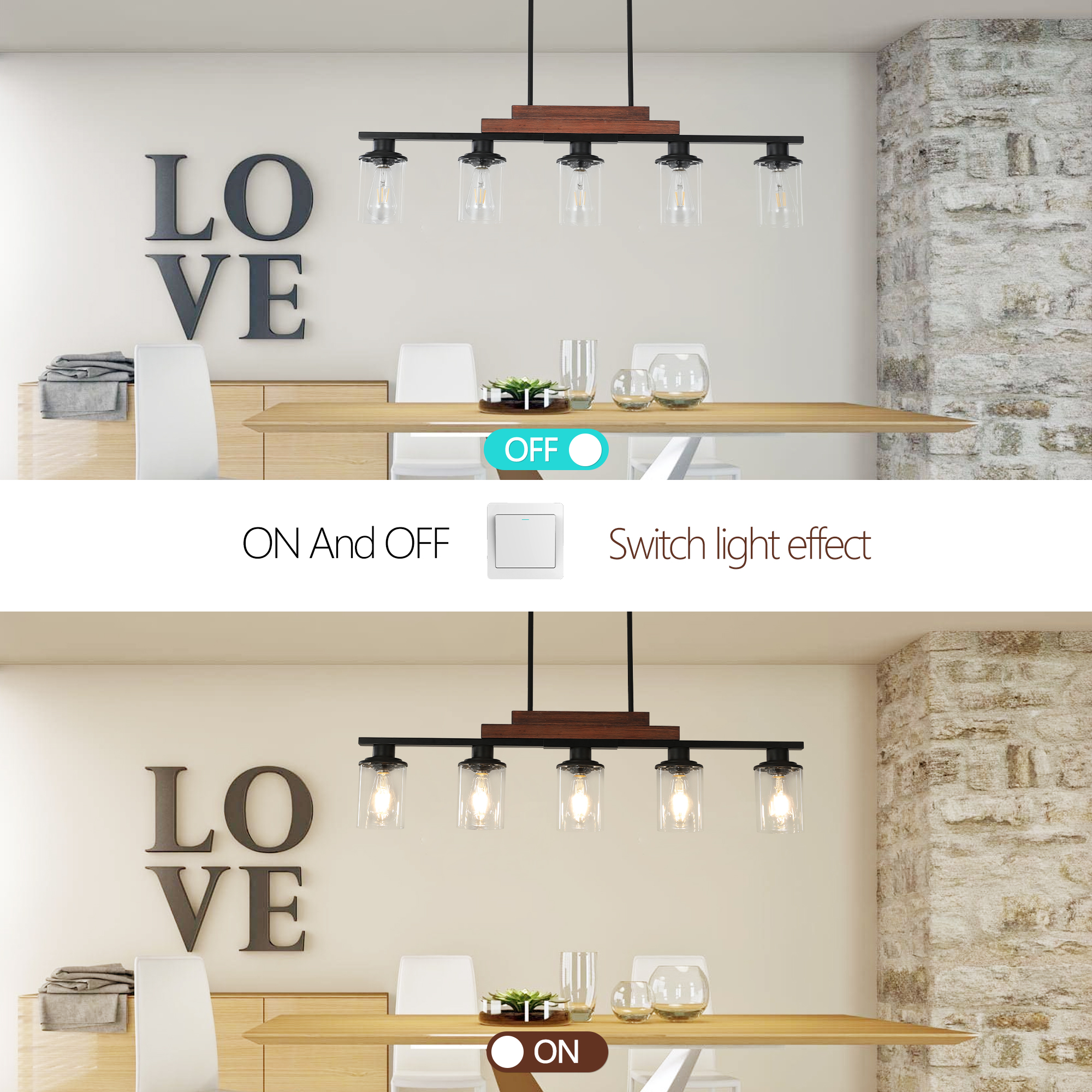 37" Farmhouse Industrial 5-Light Kitchen Island Pendant Light, Metal Wood Chandelier with Clear Glass Shades, Adjustable Height Hanging Fixture for Dining Room, Living Room, Kitchen (No Bulbs) - Image 5