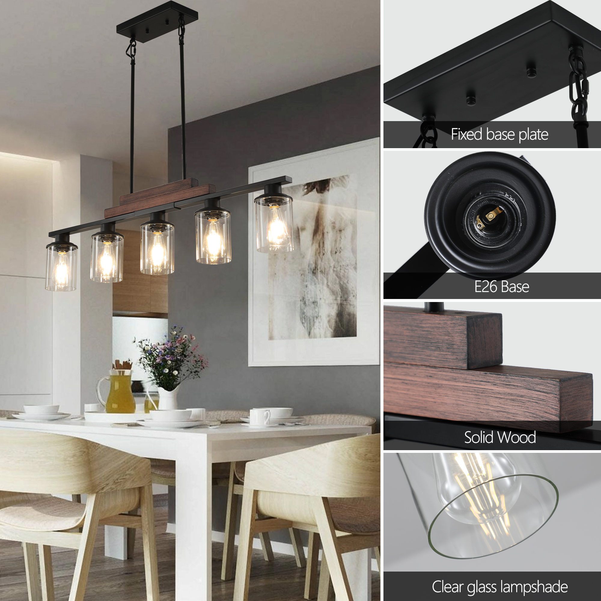 37" Farmhouse Industrial 5-Light Kitchen Island Pendant Light, Metal Wood Chandelier with Clear Glass Shades, Adjustable Height Hanging Fixture for Dining Room, Living Room, Kitchen (No Bulbs) - Image 6