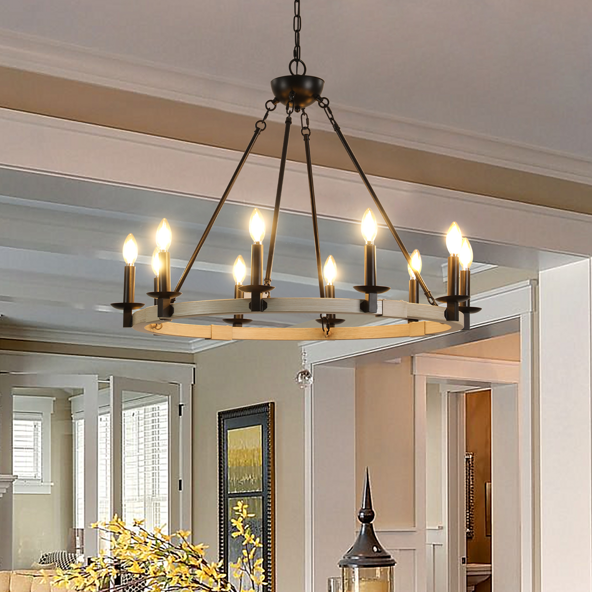 32" Rustic Farmhouse 10-Light Candle Chandelier, Black Metal and Wood Round Hanging Light Fixture for Dining Room, Kitchen, Living Room, Adjustable Height, E12 Bulb Base (No Bulbs) - Image 2