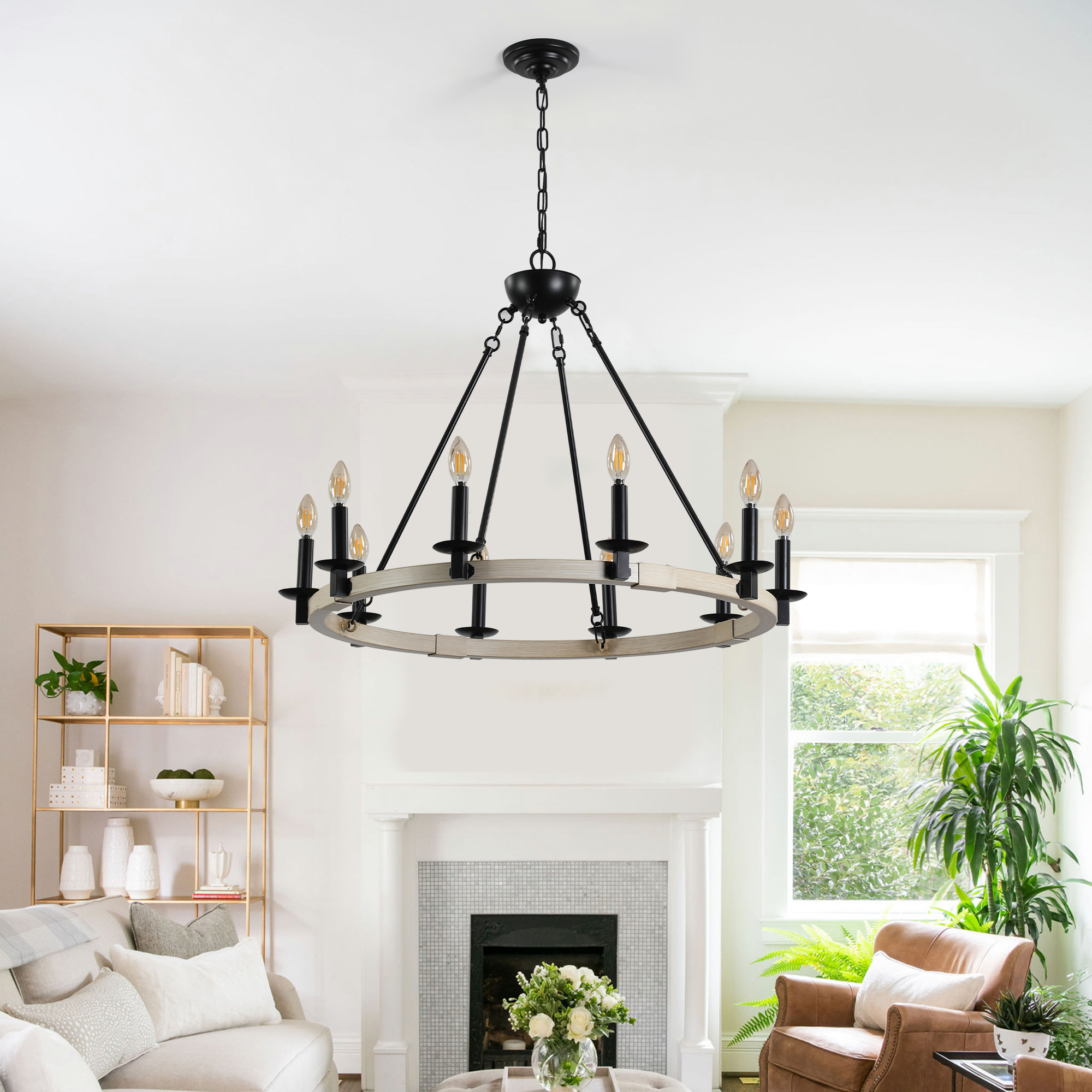 32" Rustic Farmhouse 10-Light Candle Chandelier, Black Metal and Wood Round Hanging Light Fixture for Dining Room, Kitchen, Living Room, Adjustable Height, E12 Bulb Base (No Bulbs) - Image 3