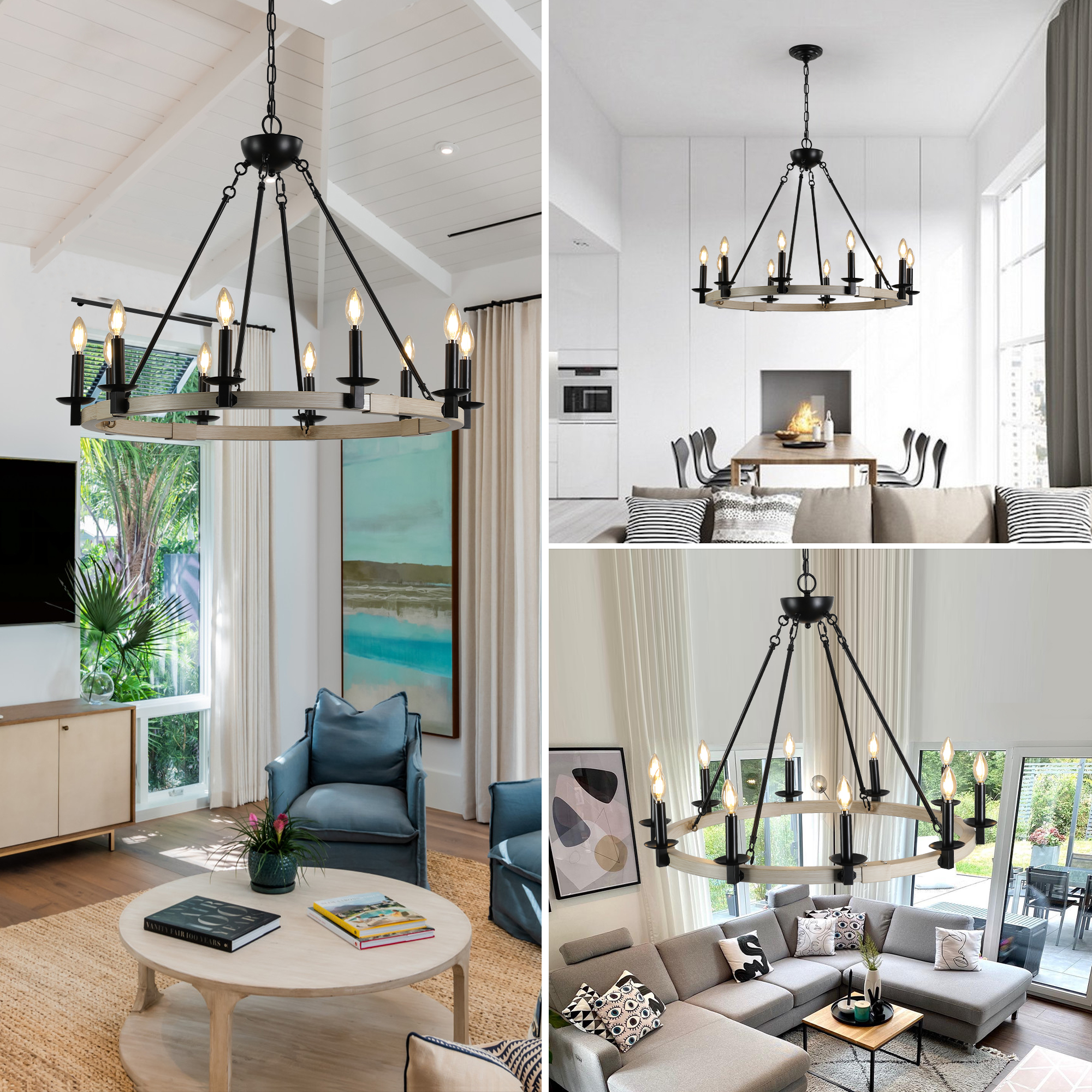 32" Rustic Farmhouse 10-Light Candle Chandelier, Black Metal and Wood Round Hanging Light Fixture for Dining Room, Kitchen, Living Room, Adjustable Height, E12 Bulb Base (No Bulbs) - Image 6