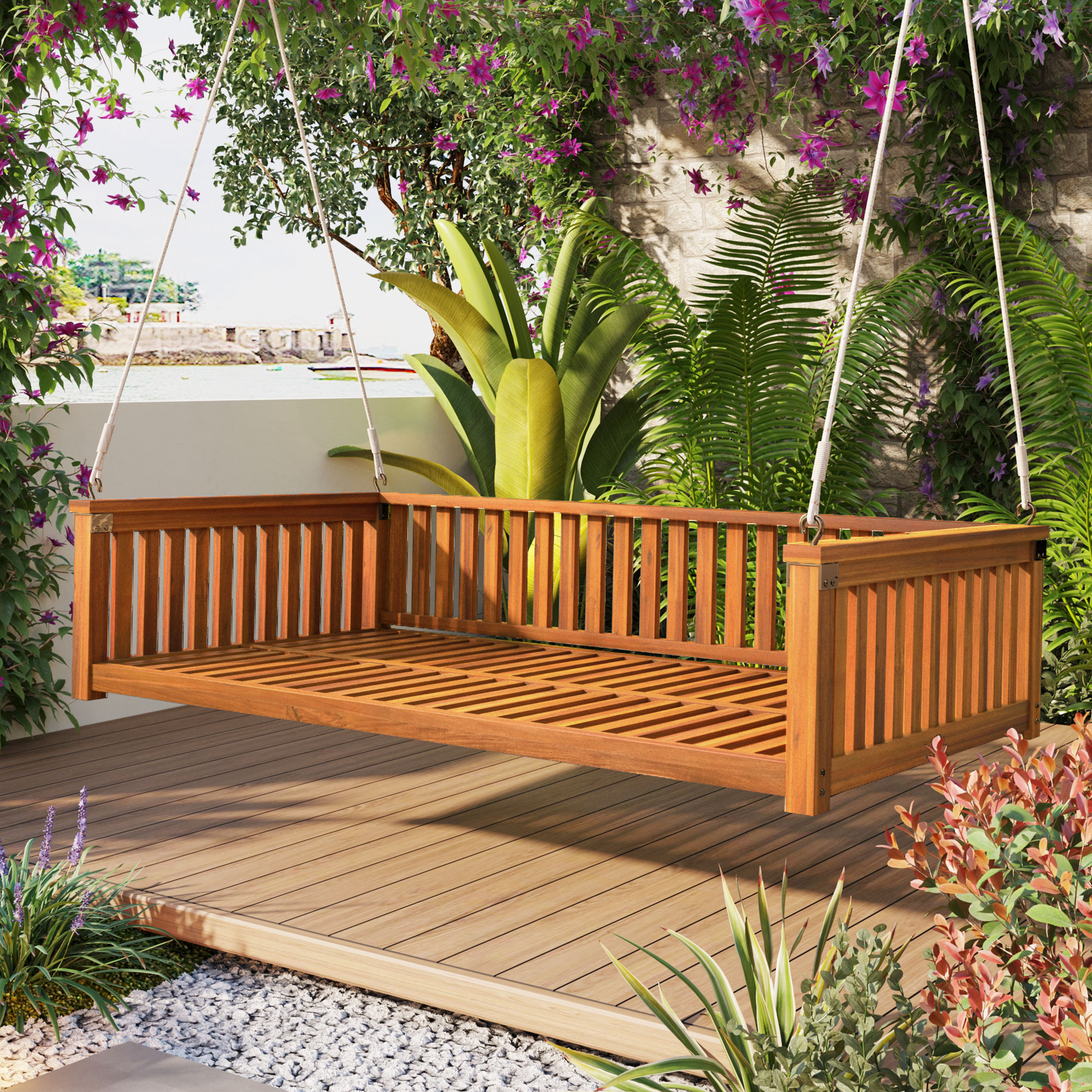 TOPMAX Patio Minimalist Twin Size Garden Swing Bed Wood Porch Swing with Ropes for Backyard, Safe Sloped Design, Teak