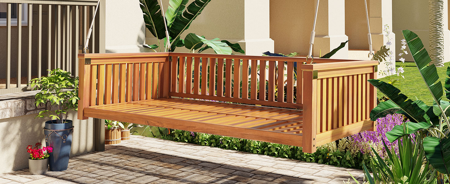 TOPMAX Patio Minimalist Twin Size Garden Swing Bed Wood Porch Swing with Ropes for Backyard, Safe Sloped Design, Teak - Image 2