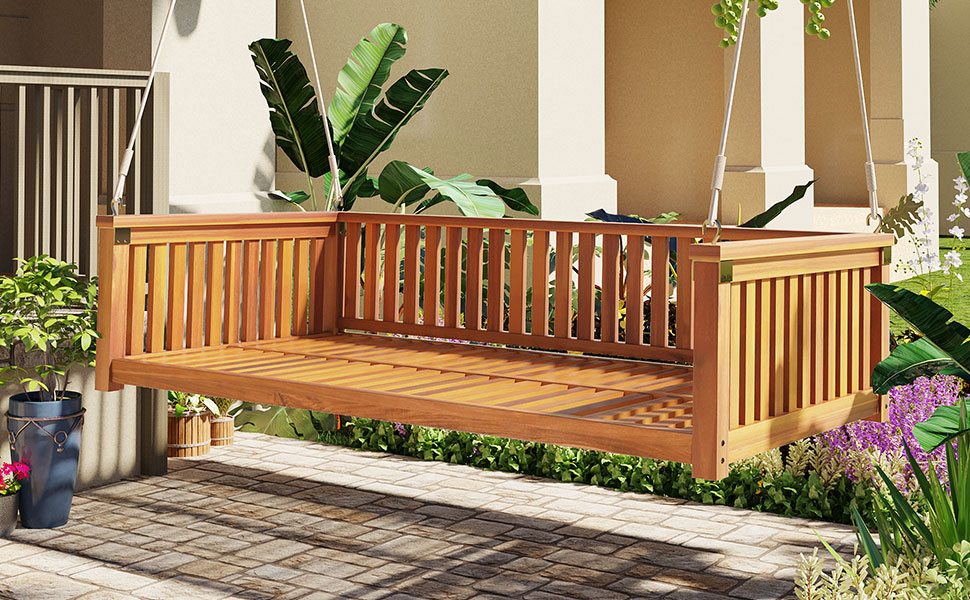 TOPMAX Patio Minimalist Twin Size Garden Swing Bed Wood Porch Swing with Ropes for Backyard, Safe Sloped Design, Teak - Image 3