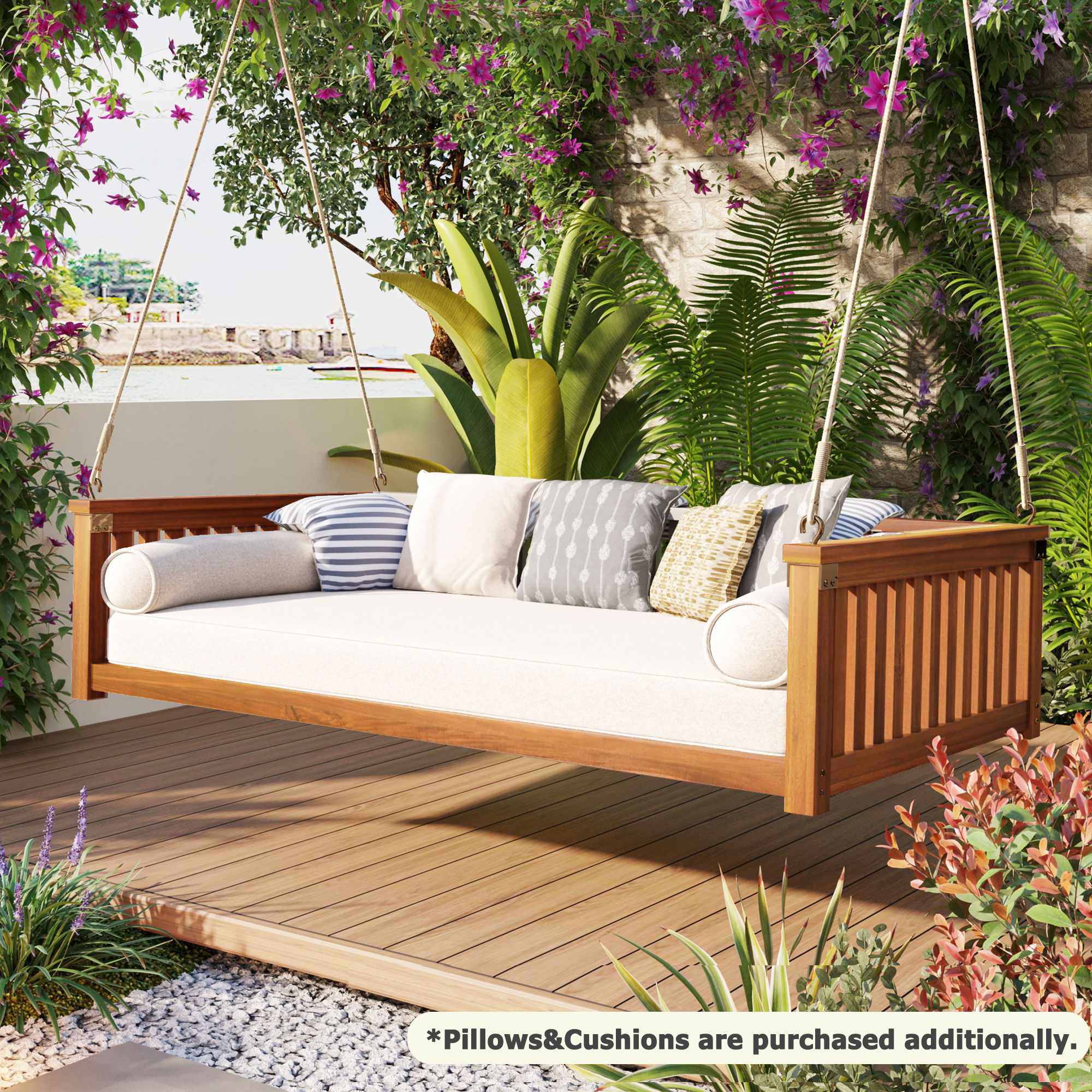 TOPMAX Patio Minimalist Twin Size Garden Swing Bed Wood Porch Swing with Ropes for Backyard, Safe Sloped Design, Teak - Image 4