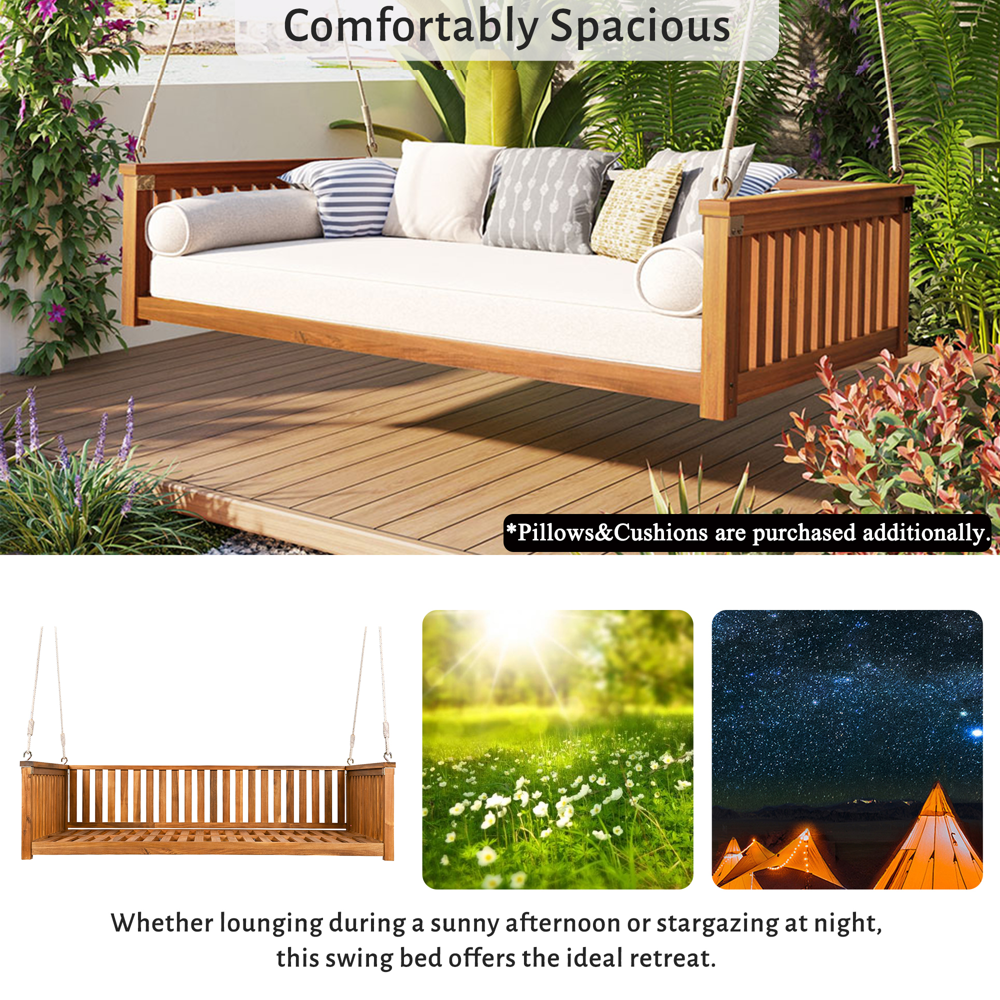 TOPMAX Patio Minimalist Twin Size Garden Swing Bed Wood Porch Swing with Ropes for Backyard, Safe Sloped Design, Teak - Image 5