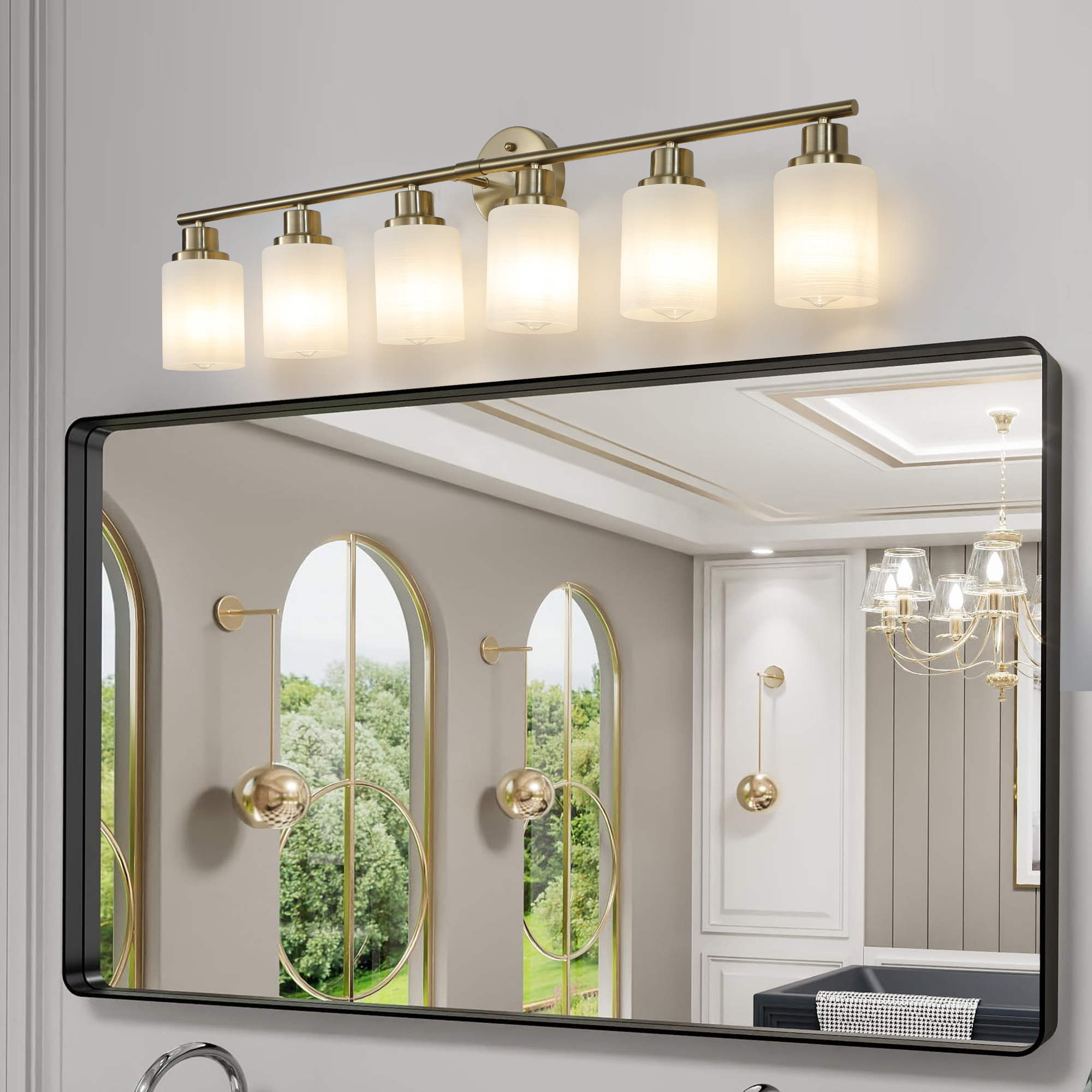 39" Modern 6-Light Vanity Wall Sconce, Golden Finish with Frosted Glass Shades for Bathroom or Hallway Lighting (No Bulbs) - Image 2