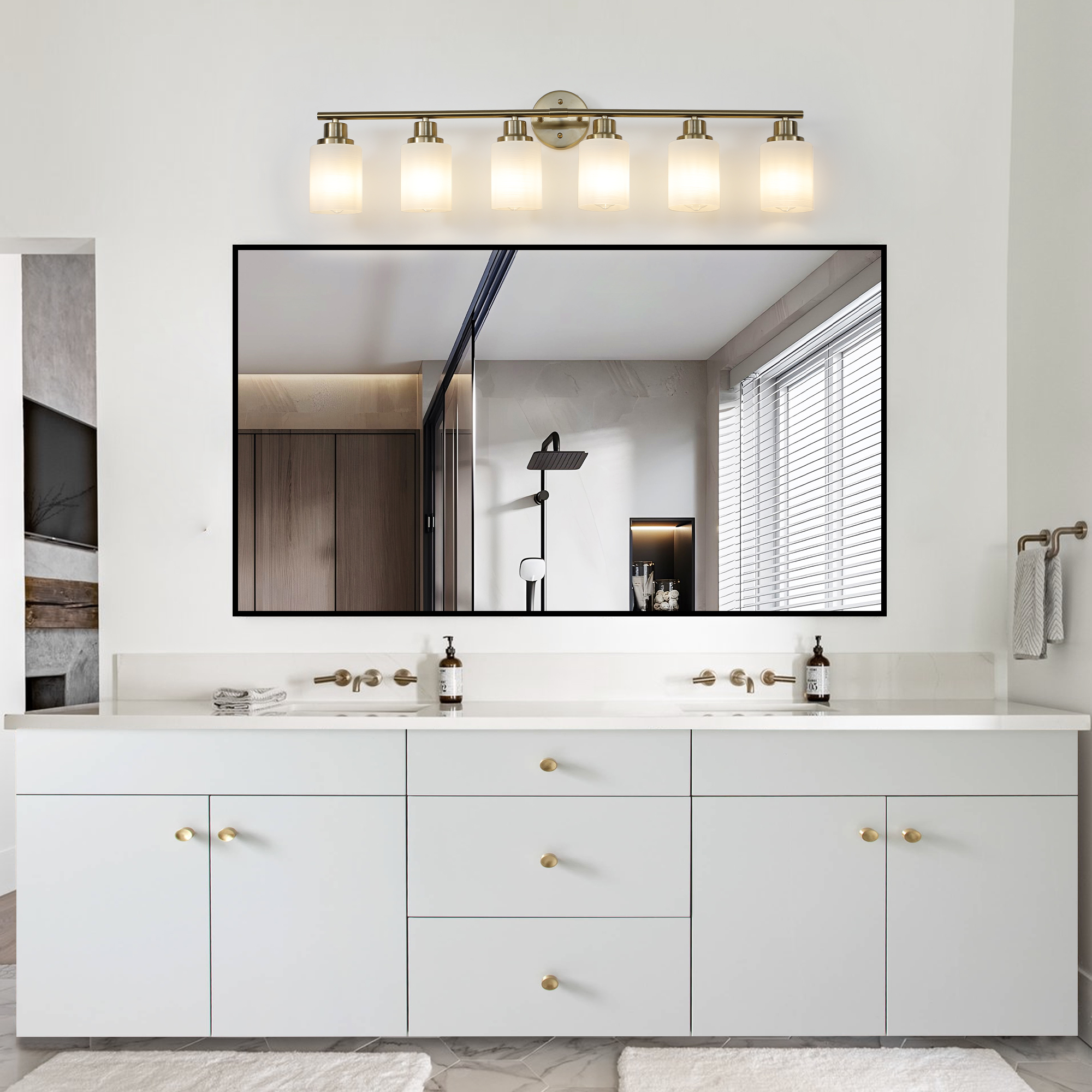 39" Modern 6-Light Vanity Wall Sconce, Golden Finish with Frosted Glass Shades for Bathroom or Hallway Lighting (No Bulbs) - Image 3